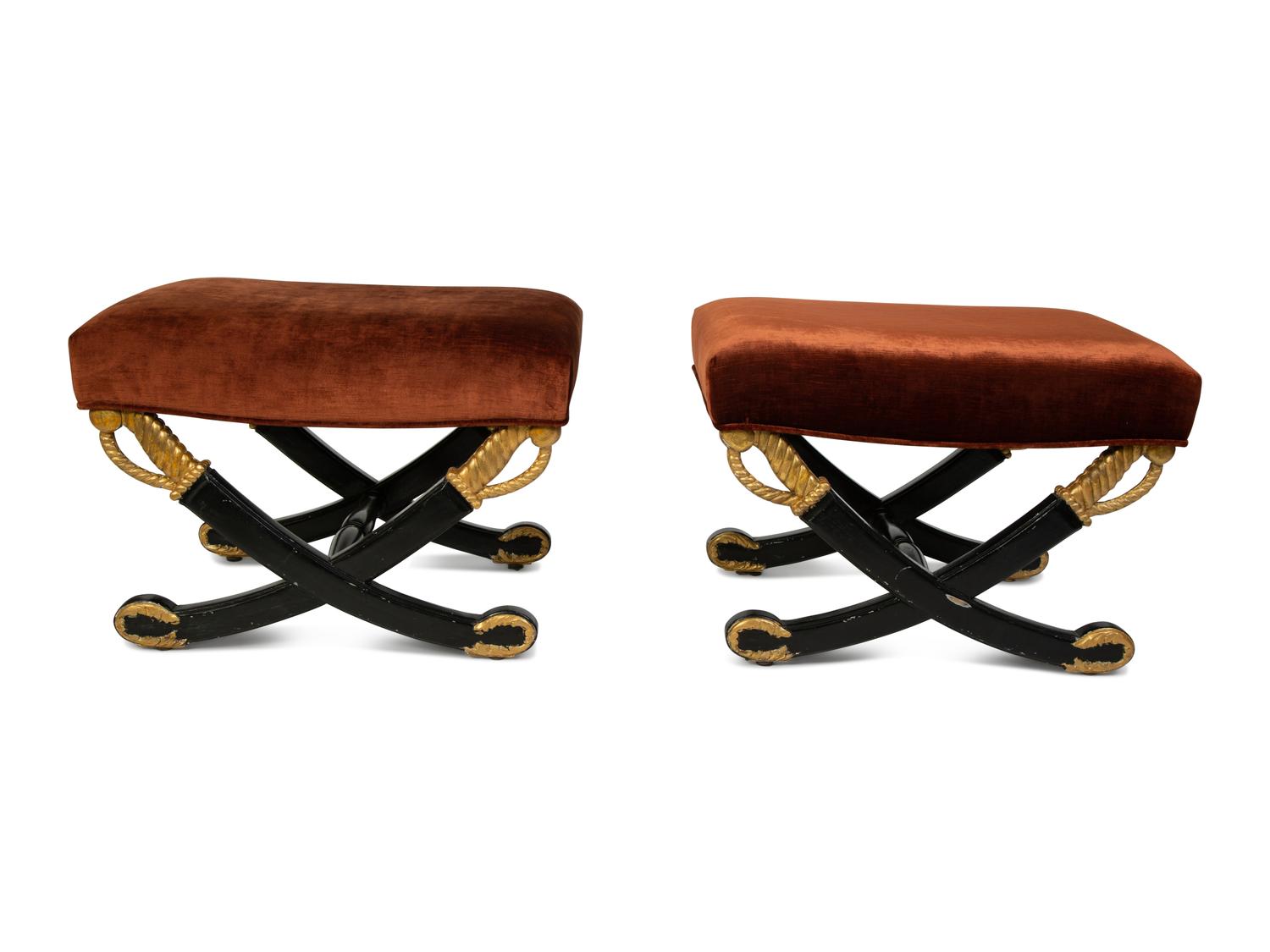 A Pair of Hollywood Regency Style Ebonized and Parcel Gilt Crossed-Sword Benches — 20TH CENTURY