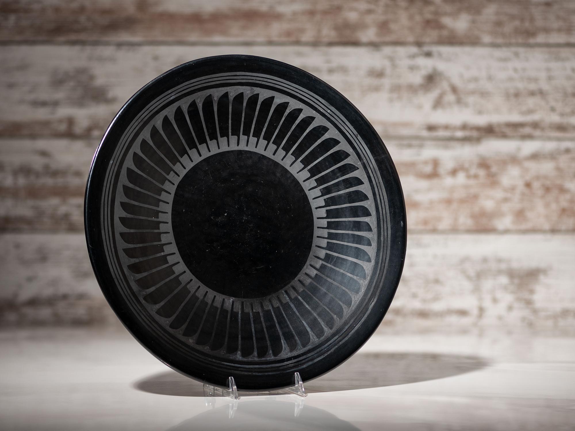 Blackware Pottery Plate, with Repeating Feathers 1943-1956