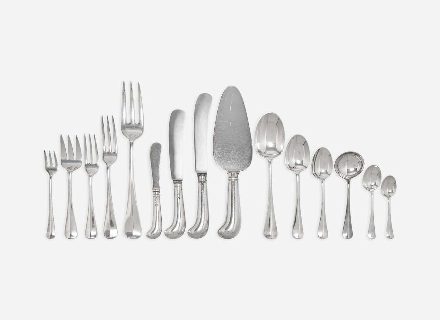 An assembled Elizabeth II sterling silver "rattail" flatware service, Cooper Brothers & Sons, Sheffield, 1952, 1956, 1957, and 1959, and Robert Ensko, London, 1950