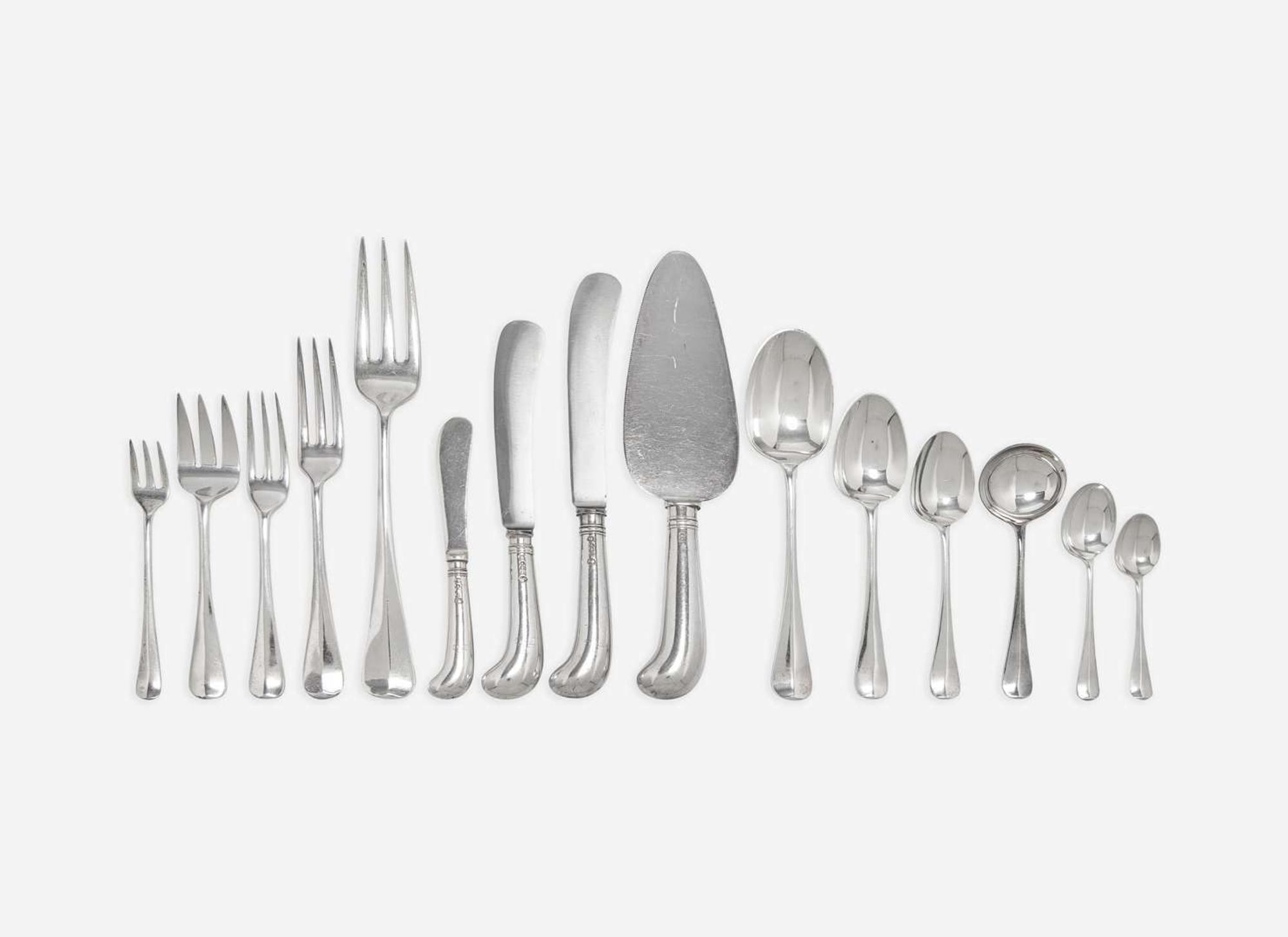 An assembled Elizabeth II sterling silver "rattail" flatware service, Cooper Brothers & Sons, Sheffield, 1952, 1956, 1957, and 1959, and Robert Ensko, London, 1950