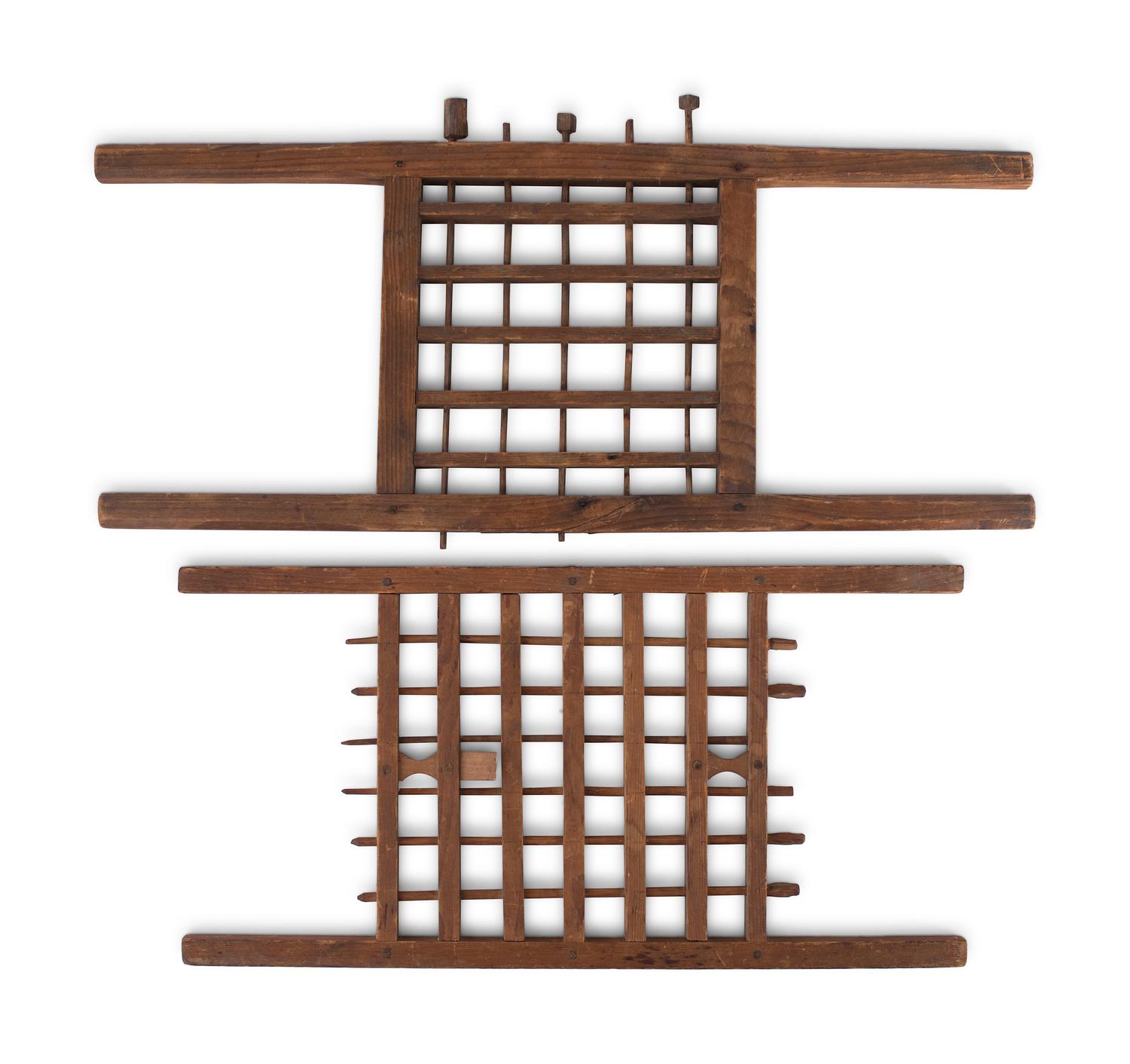 Two Painted Wood and Metal Candle Molds and Two Wood Candle Drying Racks