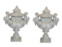 A Pair of Classical Style Cast Stone Covered Urns