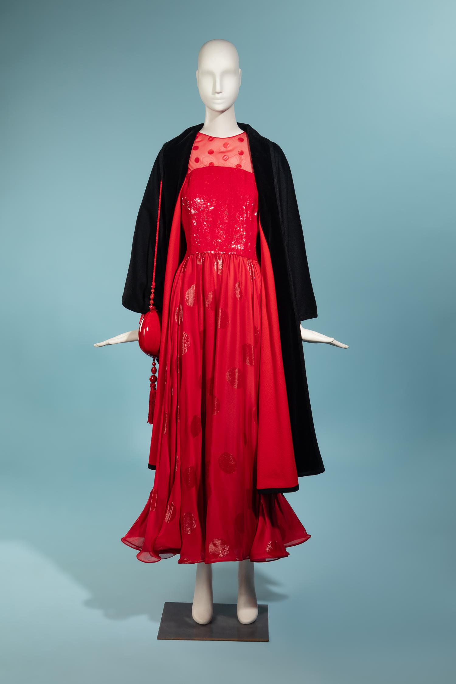 Geoffrey Beene Polka-Dot Chiffon Gown and Raphel Sanchez Evening Bag