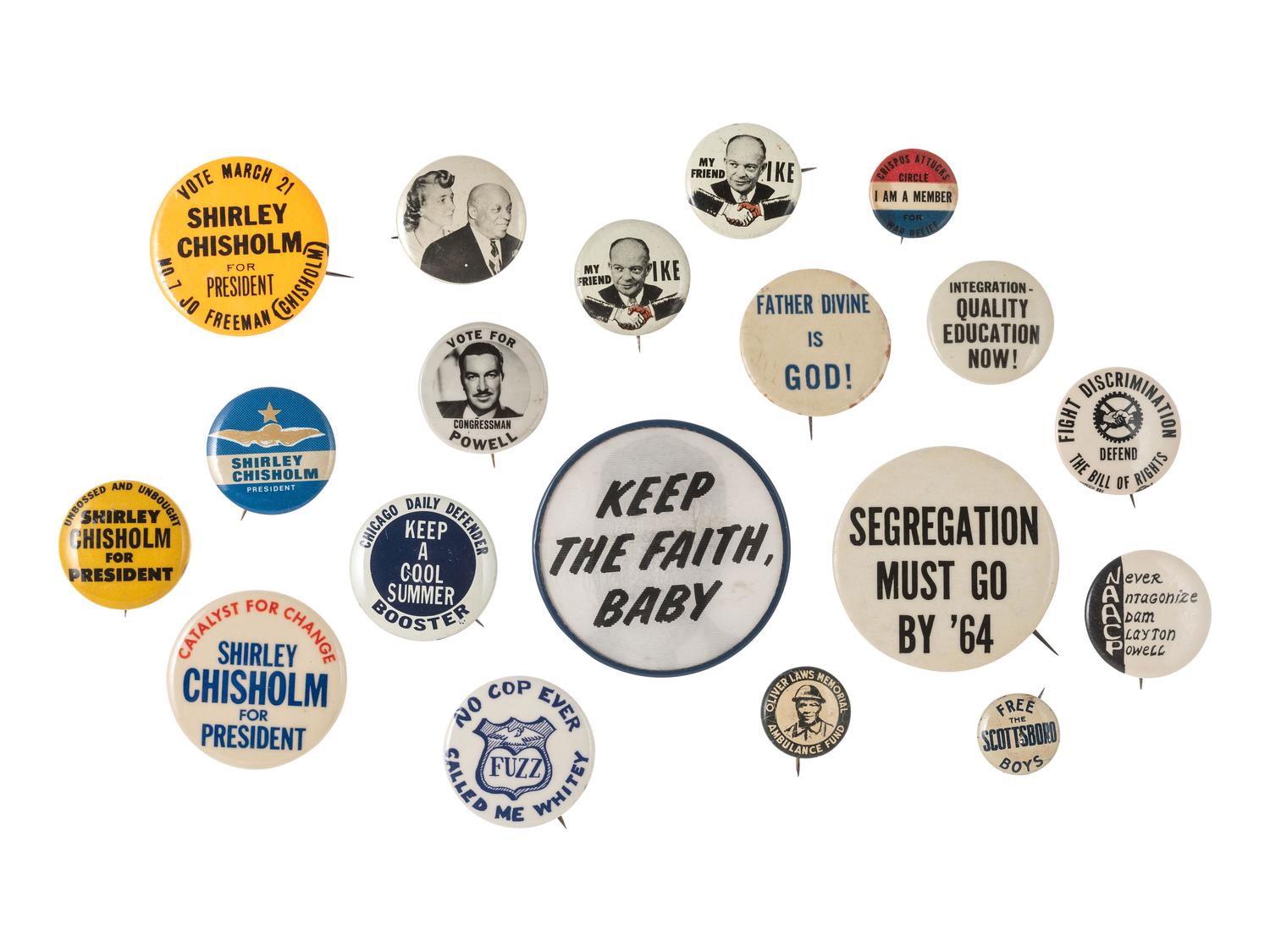 [CIVIL RIGHTS]. A group of 17 pinbacks mostly related to religious figures, politicians, and racial injustice, incl. "Free the Scottsboro Boys."