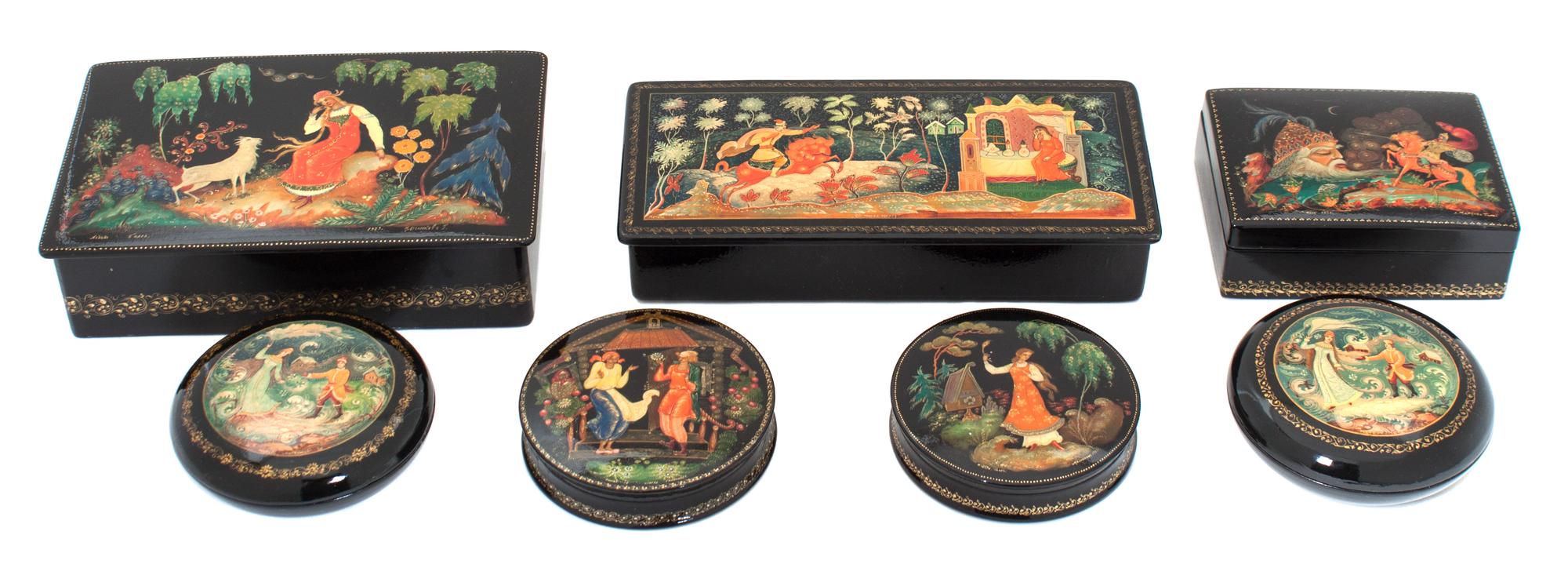 Seven Russian Lacquered Boxes Length of largest 7 x width 4 1/4 inches.