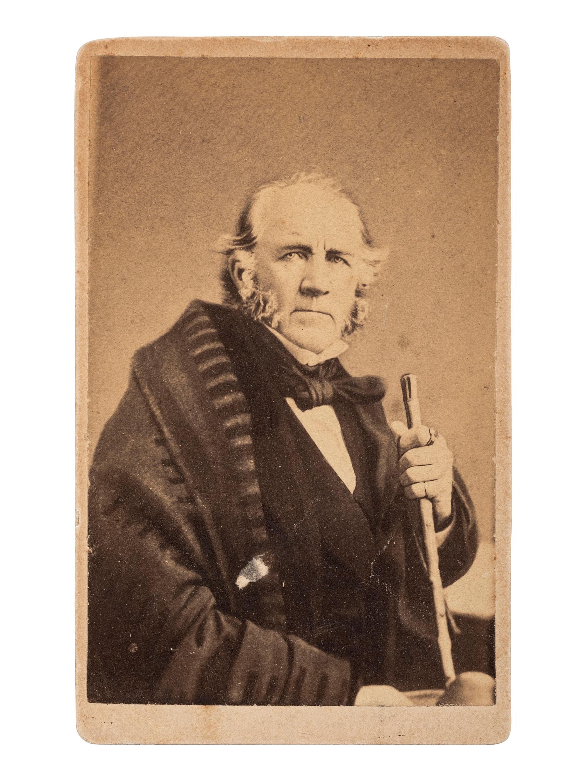 [TEXAS -- HOUSTON, Sam (1793-1863)]. CDV of General Houston seated with cane. N.p., ca 1860.
