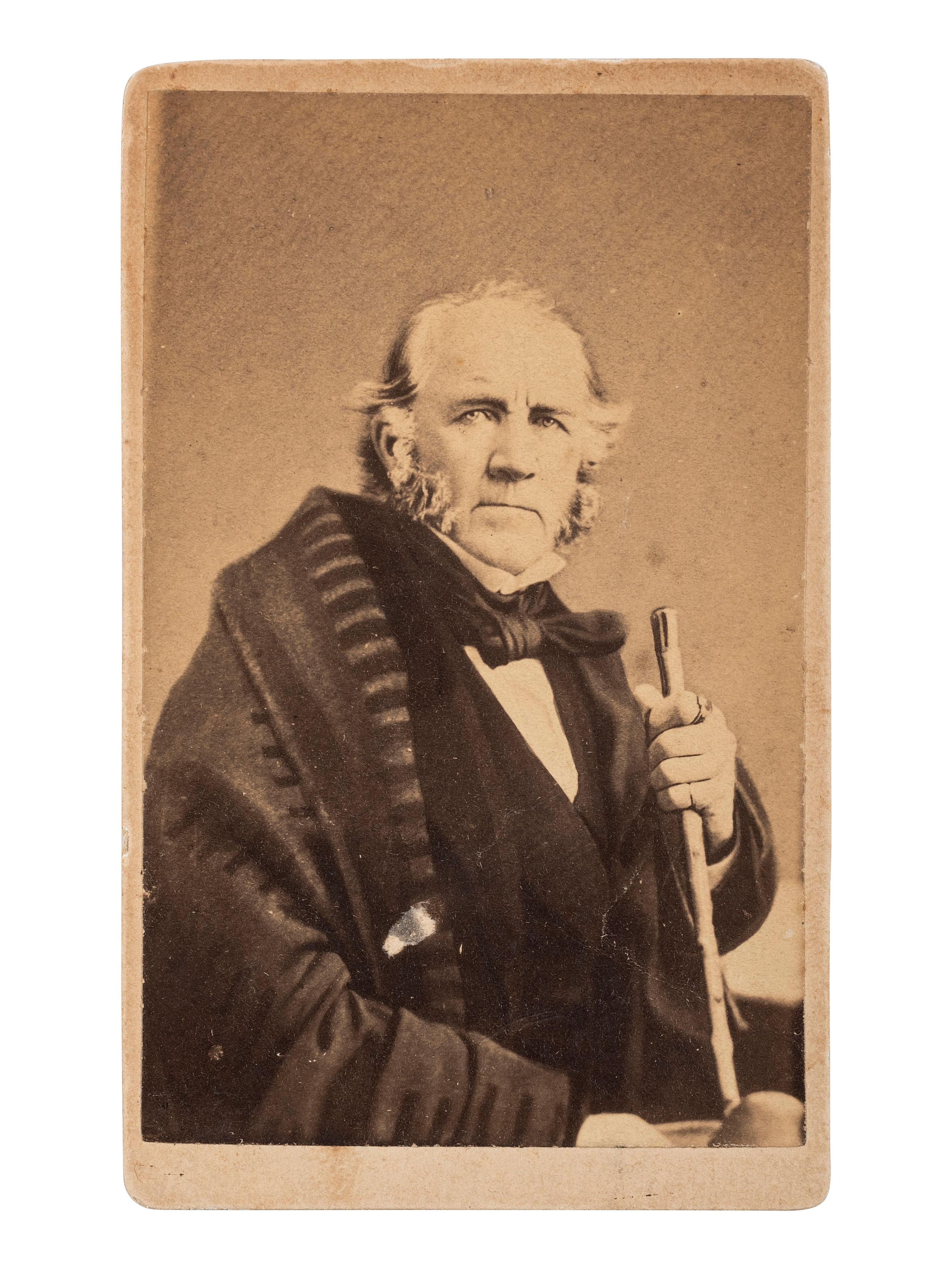 [TEXAS -- HOUSTON, Sam (1793-1863)]. CDV of General Houston seated with cane. N.p., ca 1860.