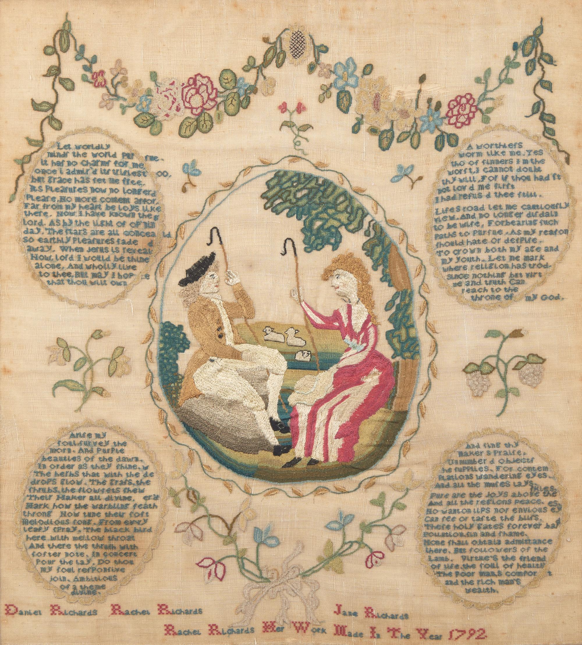 A Rare Needlework Sampler by Rachel Richards, Attributed to Ann Marsh School, Philadelphia, PA, Dated "1792"