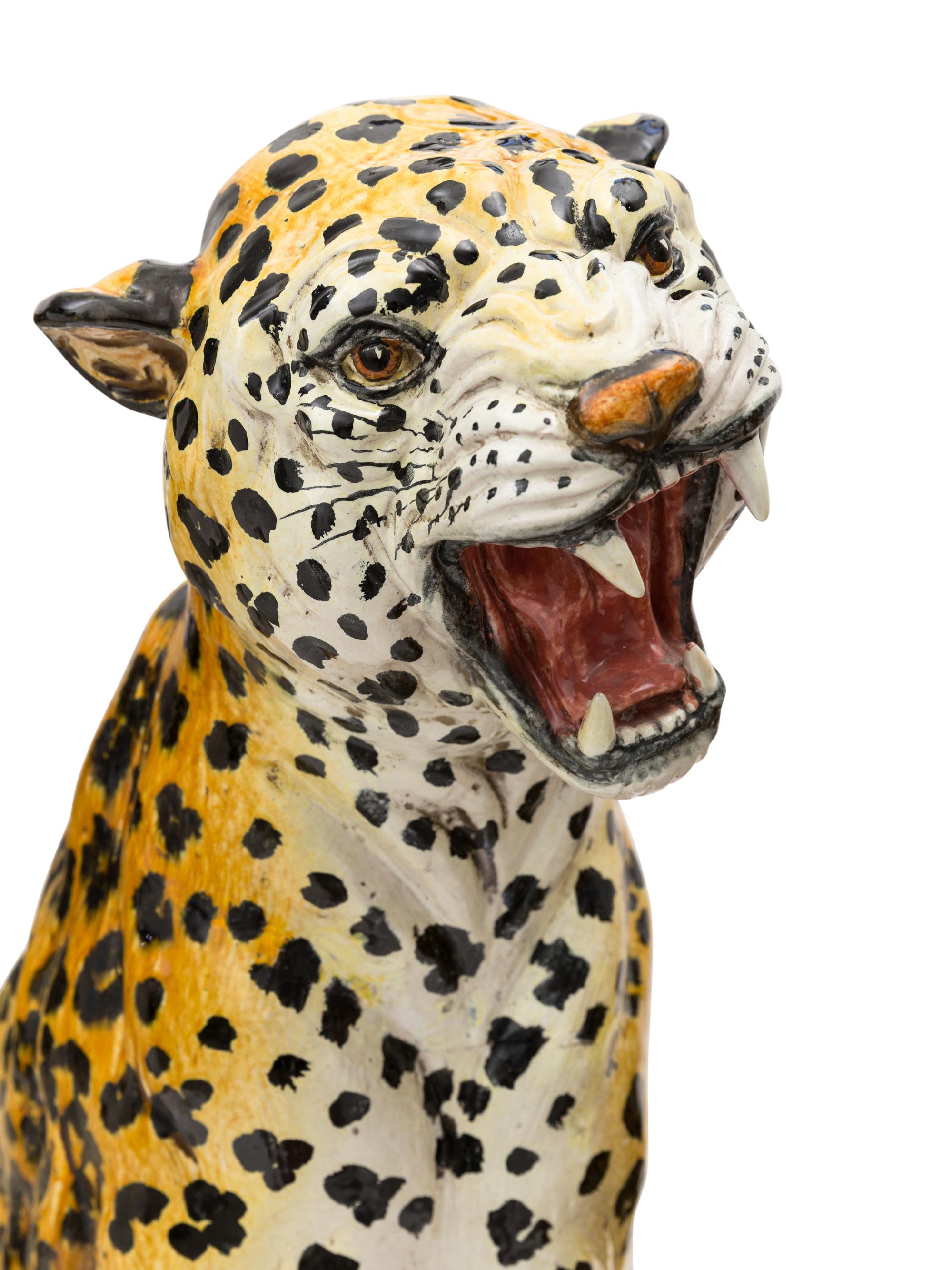 A Large Pair of Italian Glazed Ceramic Leopards