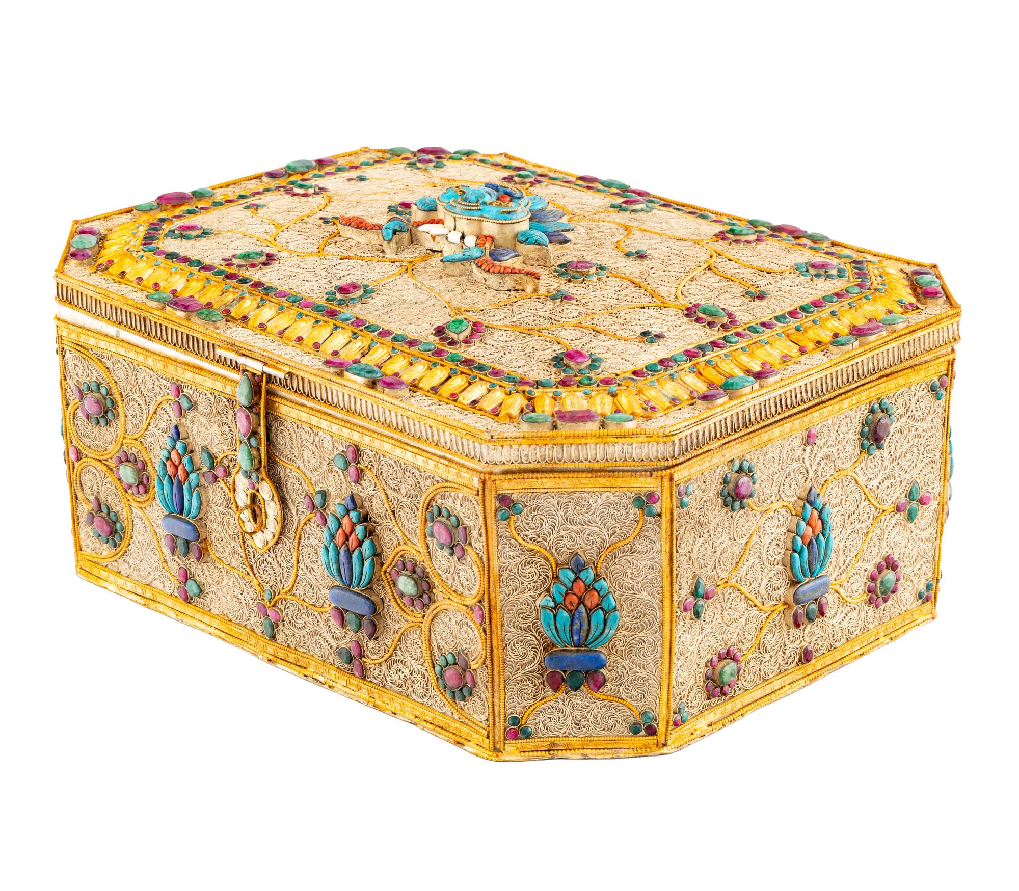 A Large Silvered and Gilt Filigree and Jeweled Box