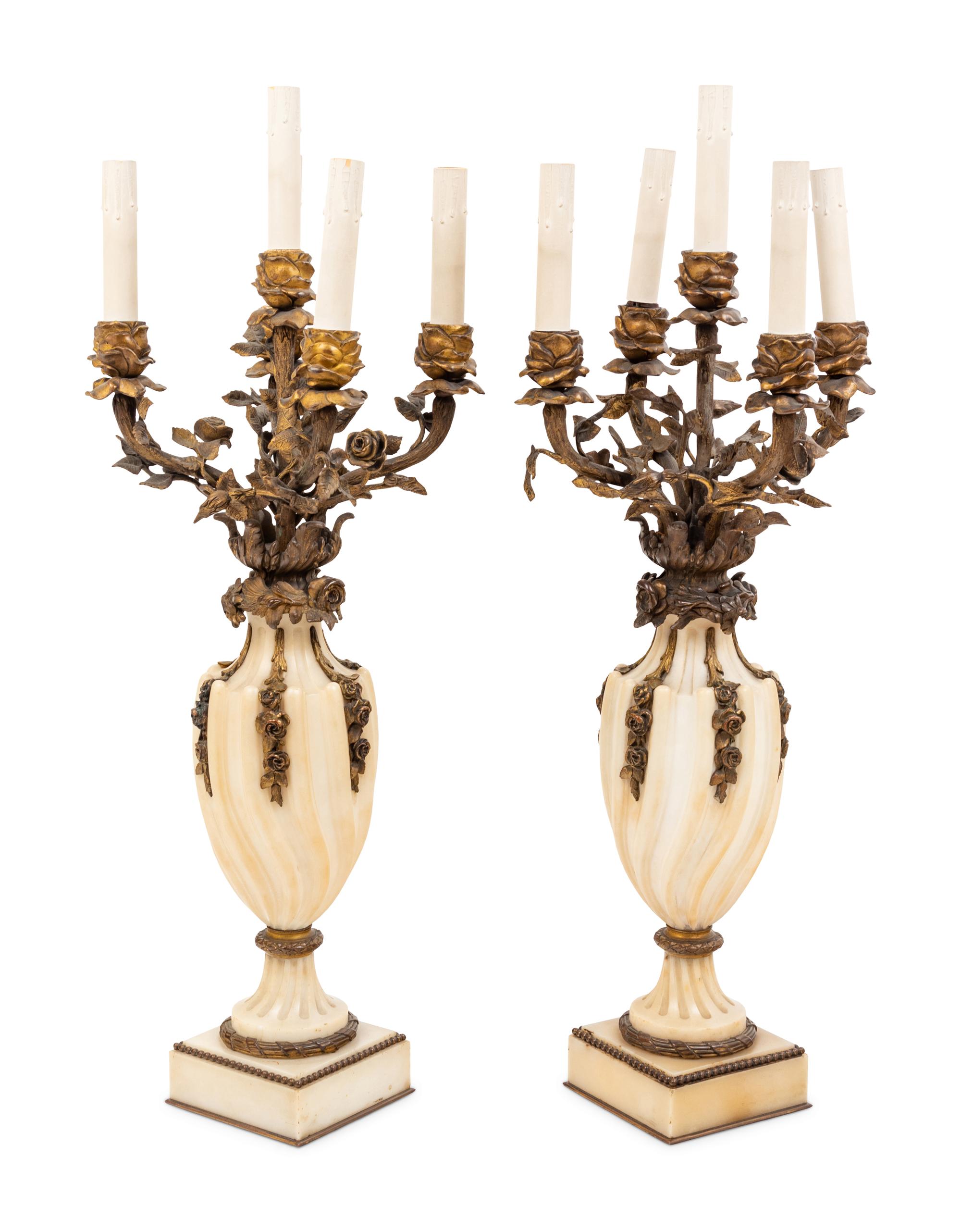 A Pair of French Bronze and Marble Urn-Form Five-Light Candelabra
