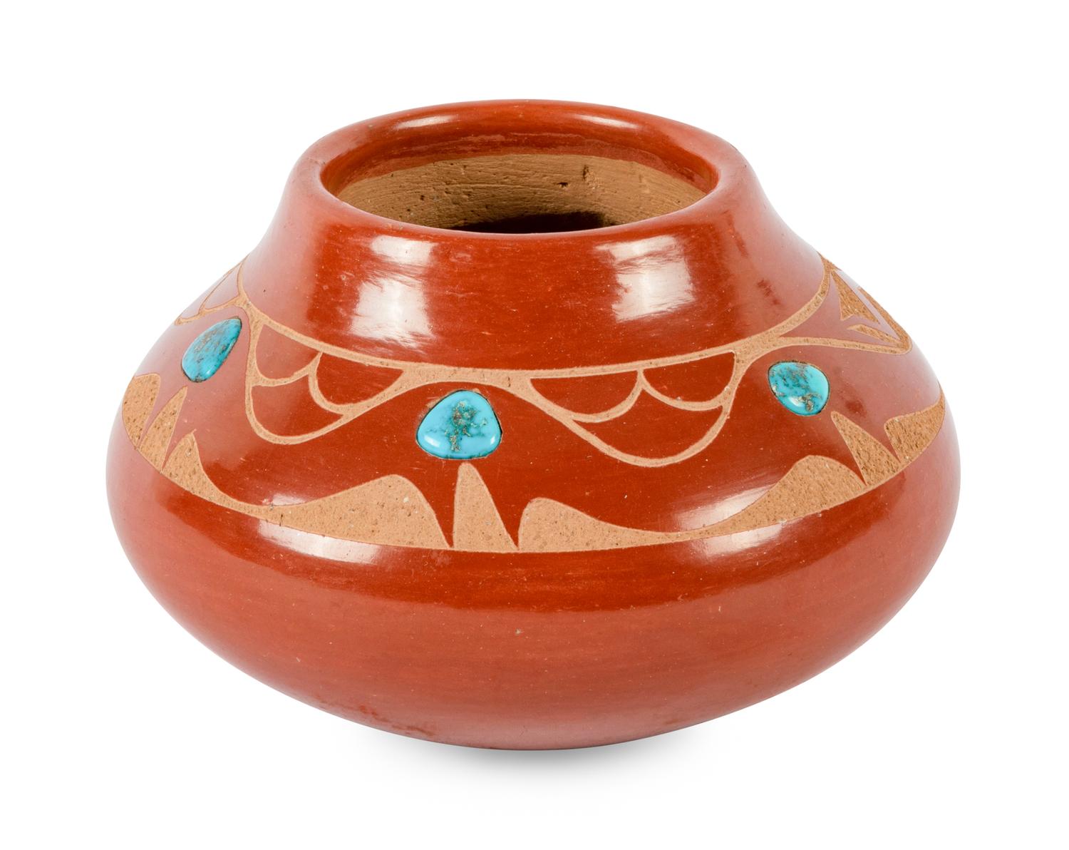 Redware Pottery Jar with Turquoise Cabochons