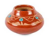 Redware Pottery Jar with Turquoise Cabochons