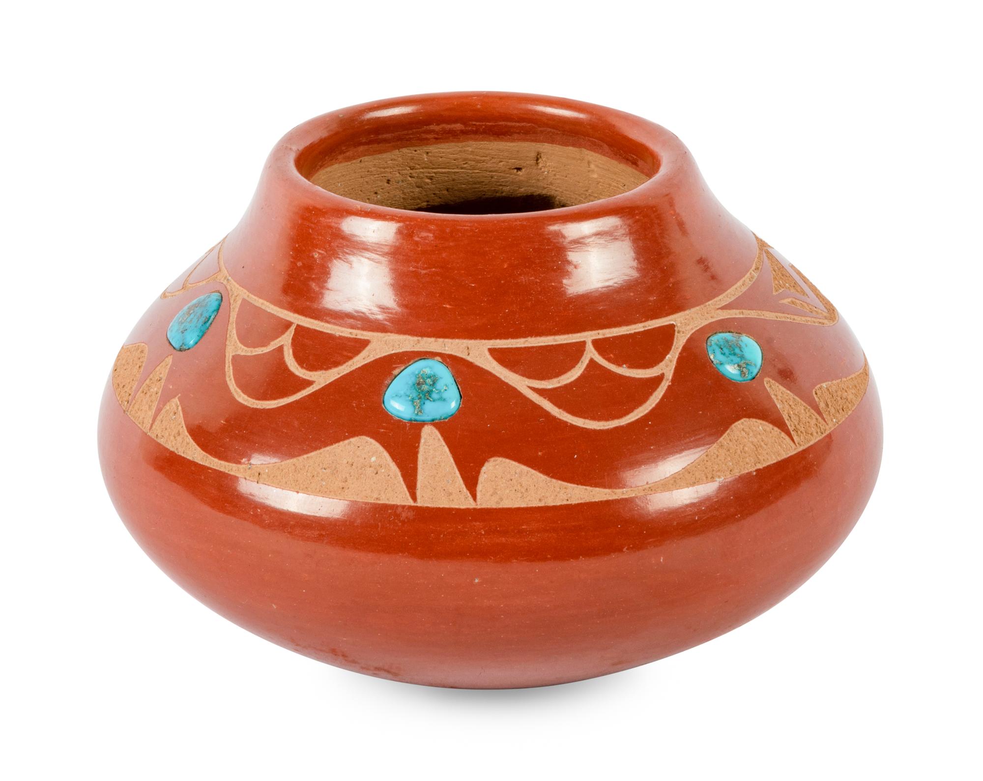 Redware Pottery Jar with Turquoise Cabochons