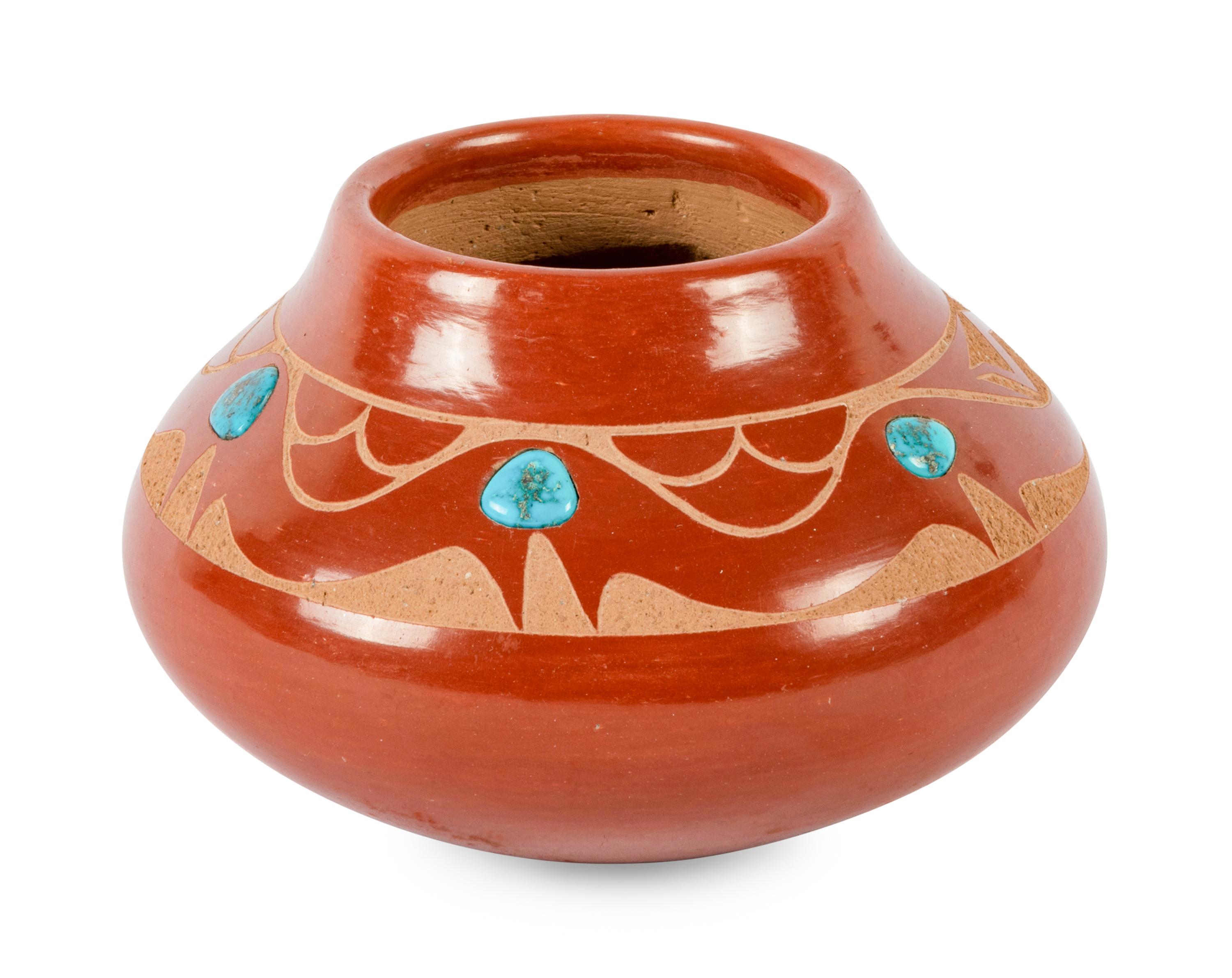 Redware Pottery Jar with Turquoise Cabochons