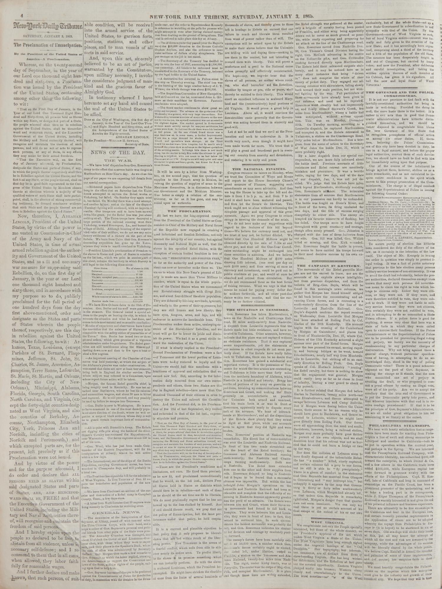 [Emancipation Proclamation] The Emancipation Proclamation, Printed in Full in the New-York Tribune