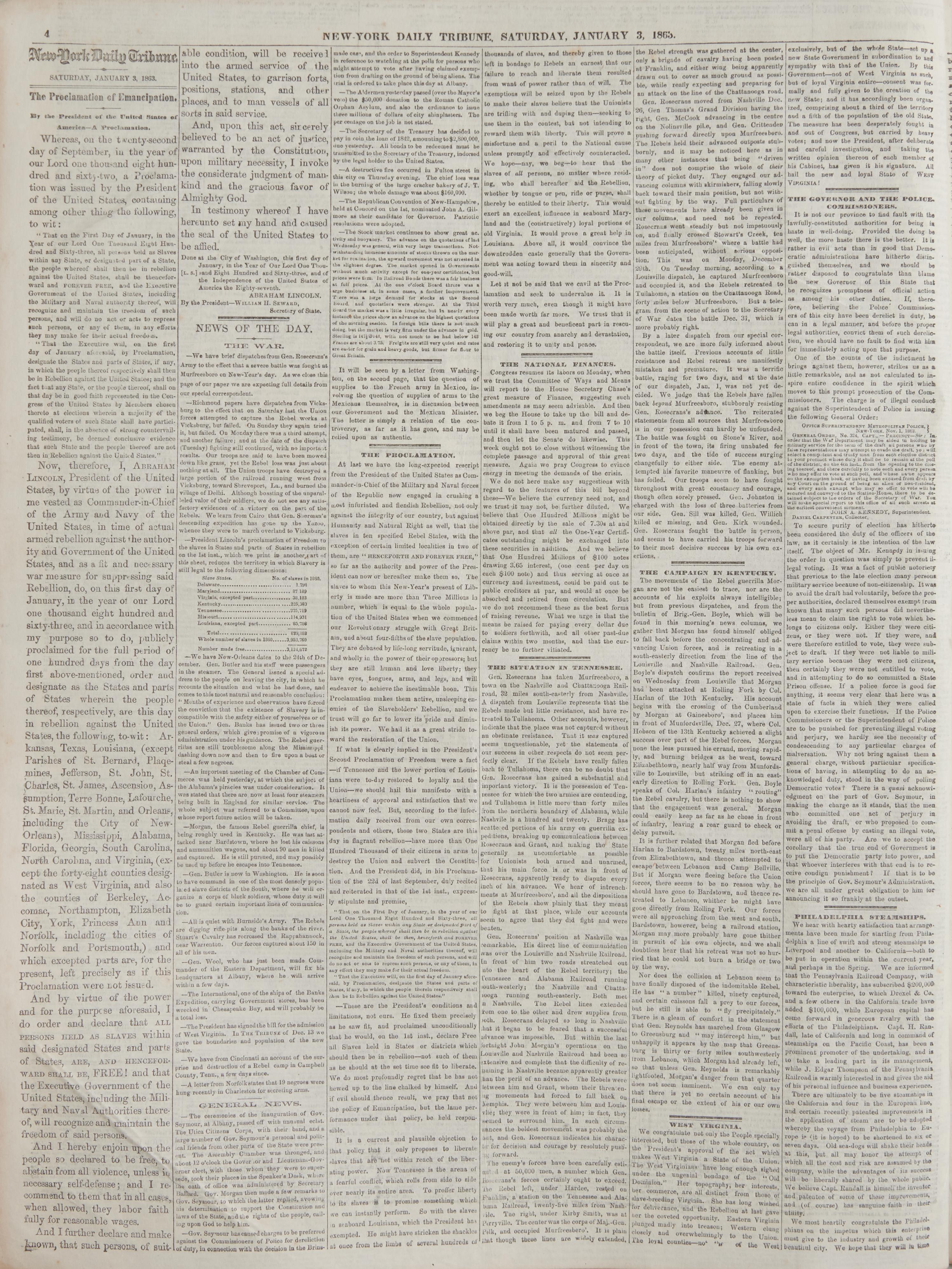 [Emancipation Proclamation] The Emancipation Proclamation, Printed in Full in the New-York Tribune