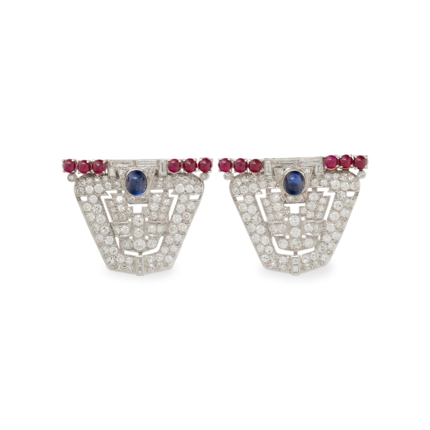 PAIR OF DIAMOND, SAPPHIRE, RUBY, AND WHITE GOLD DRESS CLIPS