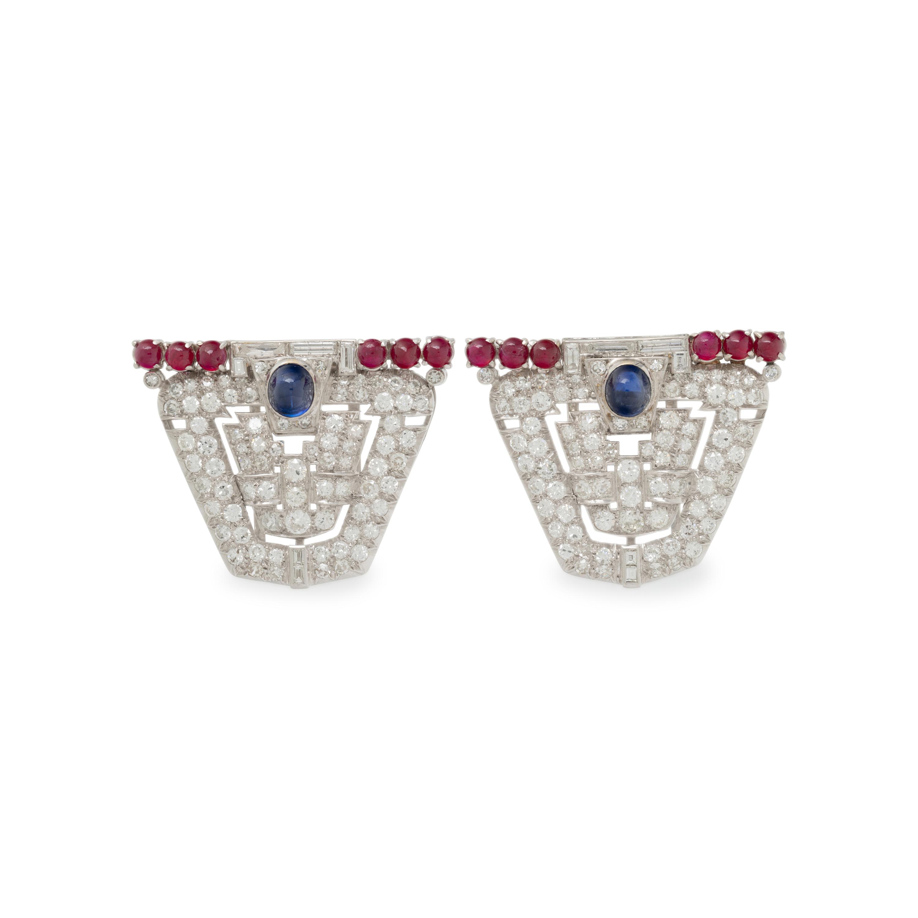 PAIR OF DIAMOND, SAPPHIRE, RUBY, AND WHITE GOLD DRESS CLIPS