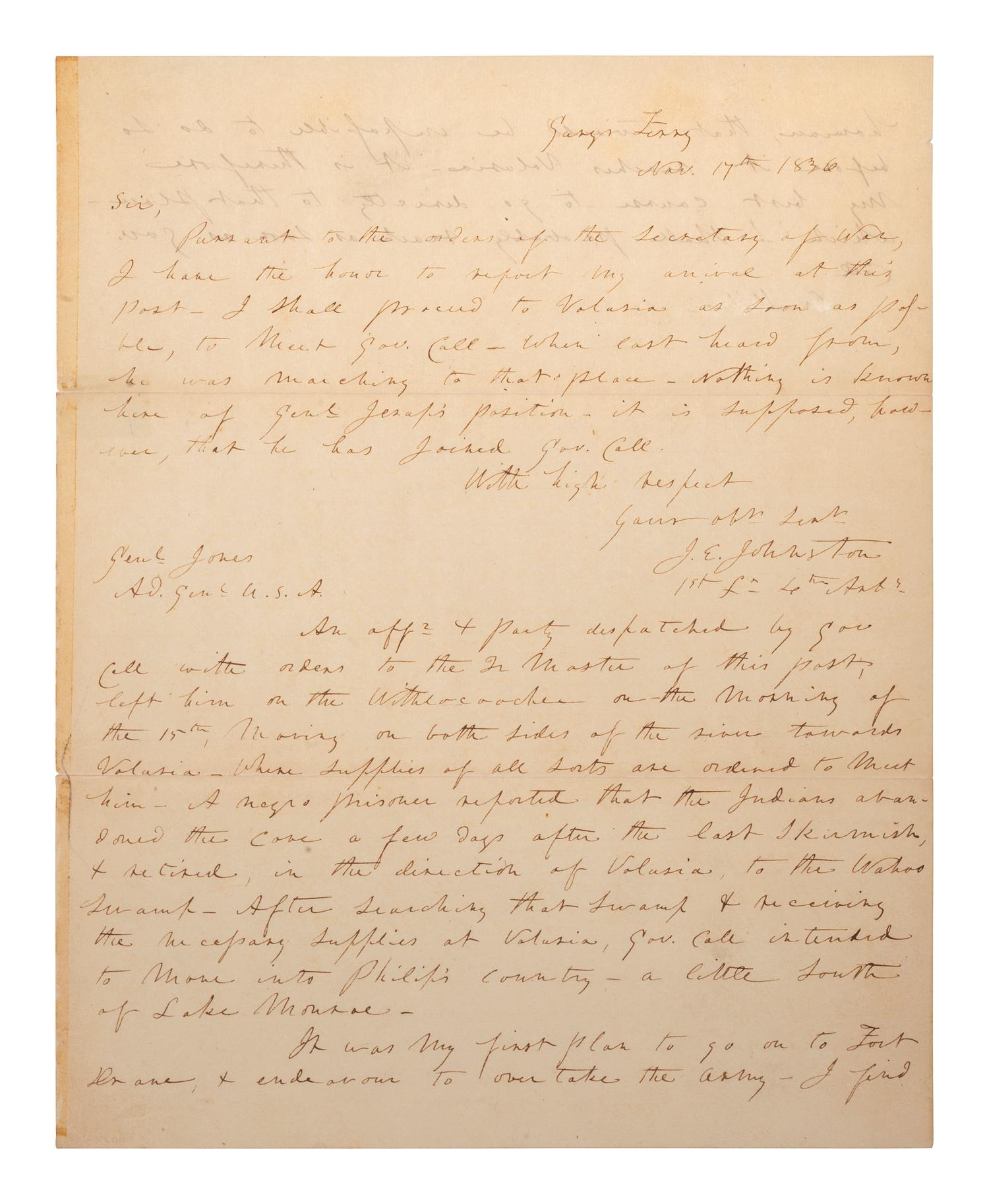 [SECOND SEMINOLE WAR]. JOHNSTON, Joseph E. (1807-1891). Autograph letter signed ("J.E. Johnston"). "Gary's Ferry" [Florida], 17 November 1836.