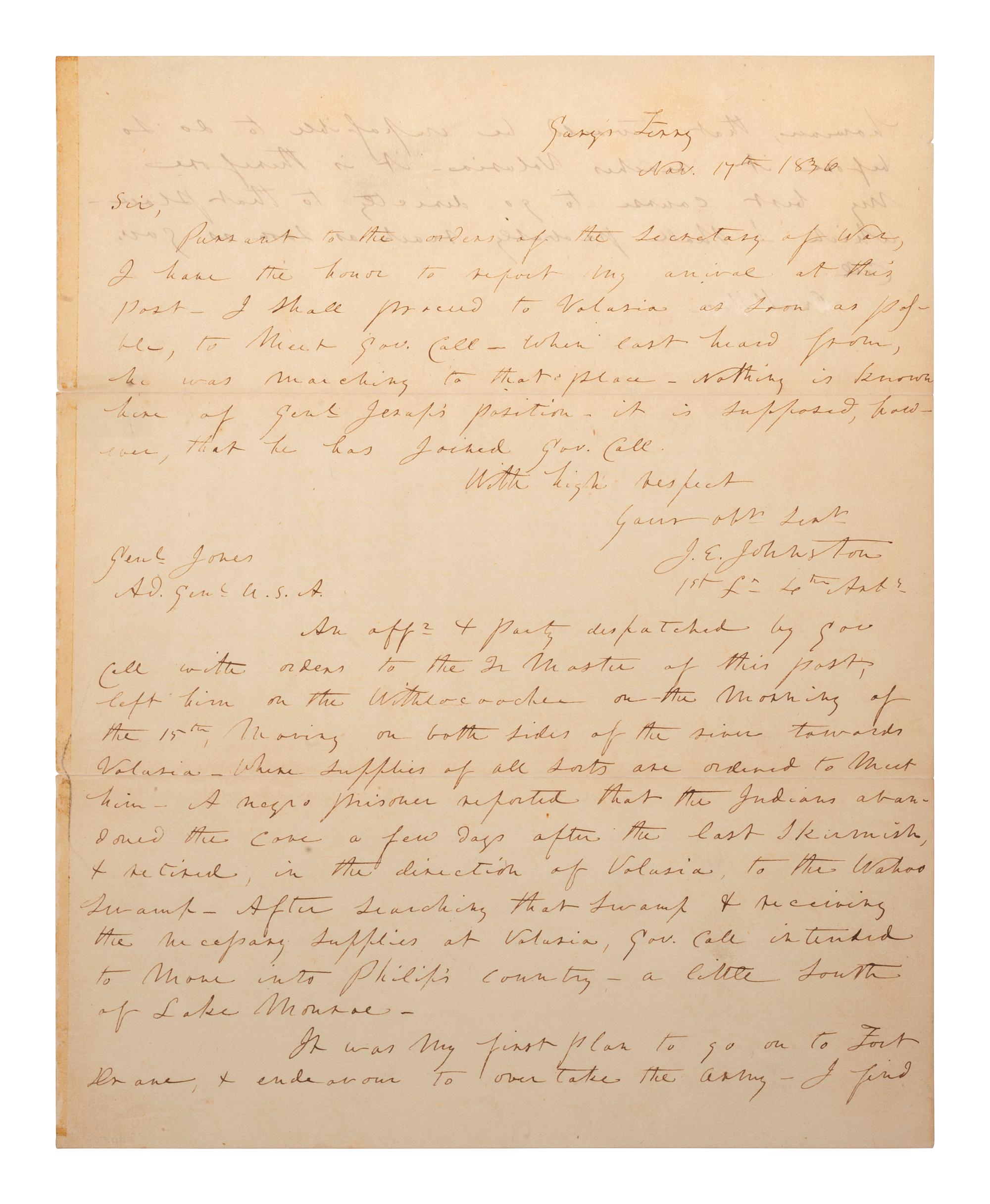 [SECOND SEMINOLE WAR]. JOHNSTON, Joseph E. (1807-1891). Autograph letter signed ("J.E. Johnston"). "Gary's Ferry" [Florida], 17 November 1836.