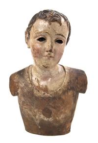 A Continental Carved and Polychrome Decorated Bust, Height 9 1/4 inches.