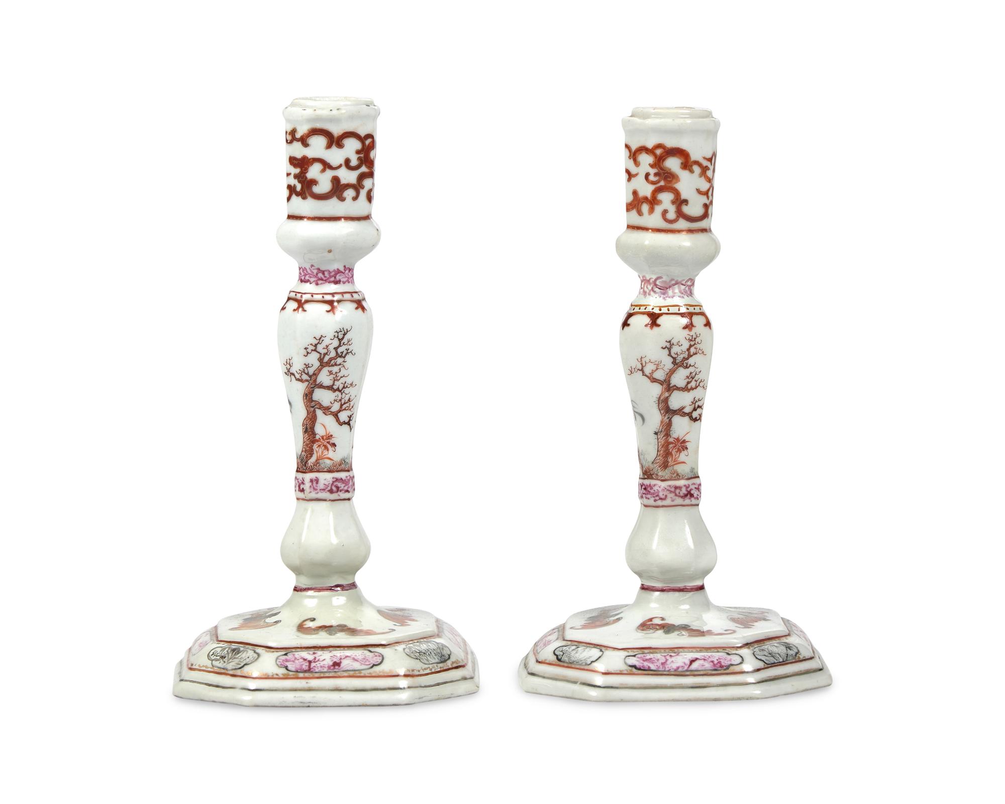 A Chinese Export Porcelain Famille Rose Inkstand And Pair Of Candlesticks