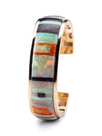 14K Gold Cuff Bracelet, Set with Opal, Spiny Oyster, and Sugilite Mosaic Inlay