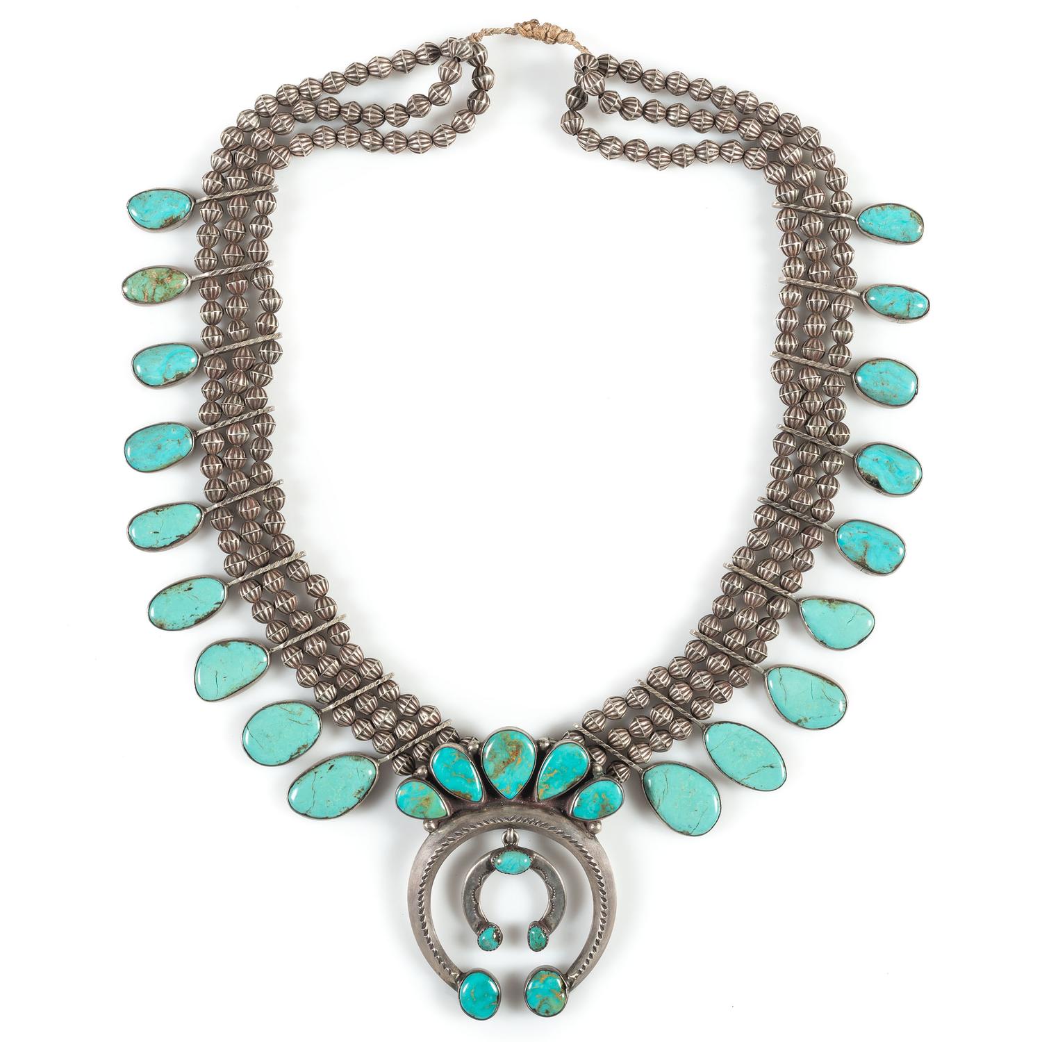 Navajo Silver and Turquoise Squash Blossom Necklace