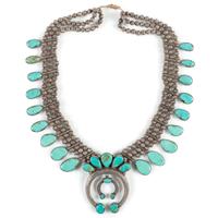 Navajo Silver and Turquoise Squash Blossom Necklace