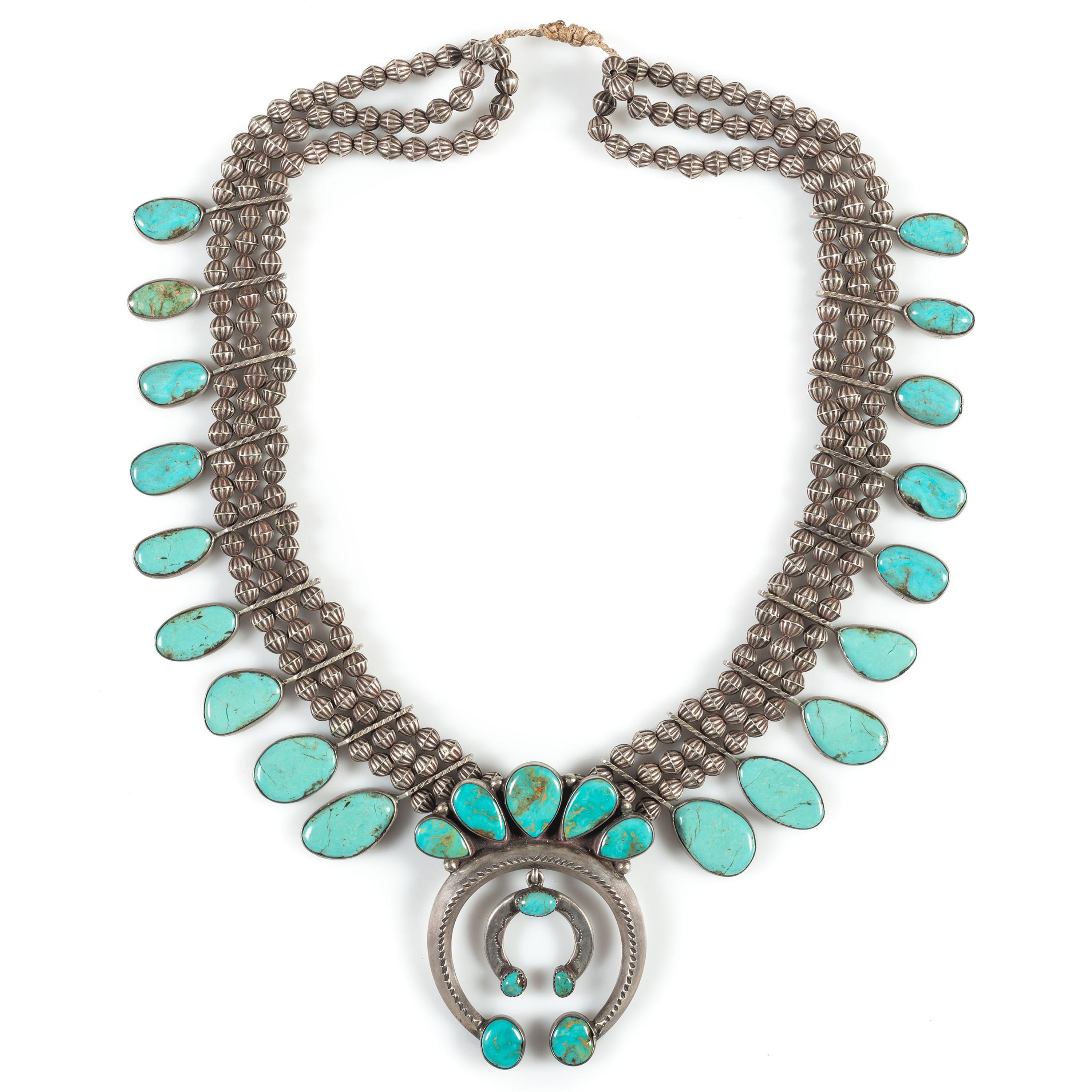 Navajo Silver and Turquoise Squash Blossom Necklace