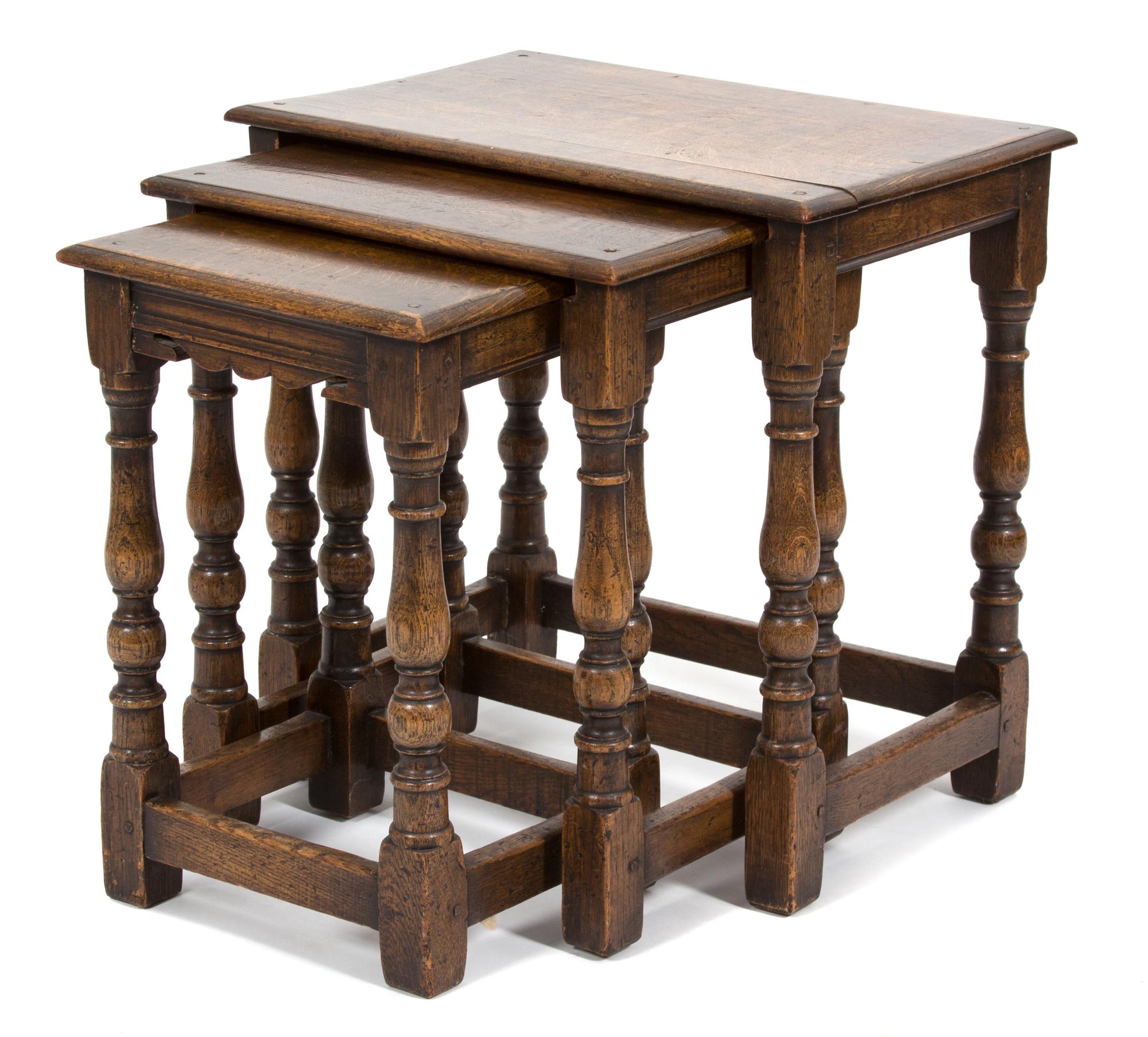 A Set of Three Jacobean Style Oak Nesting Tables Height 20 x width 20 1/2 x depth 14 inches. — 19TH CENTURY