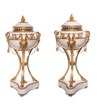 A Pair of Late Louis XVI Gilt Bronze Mounted White Marble Cassolettes