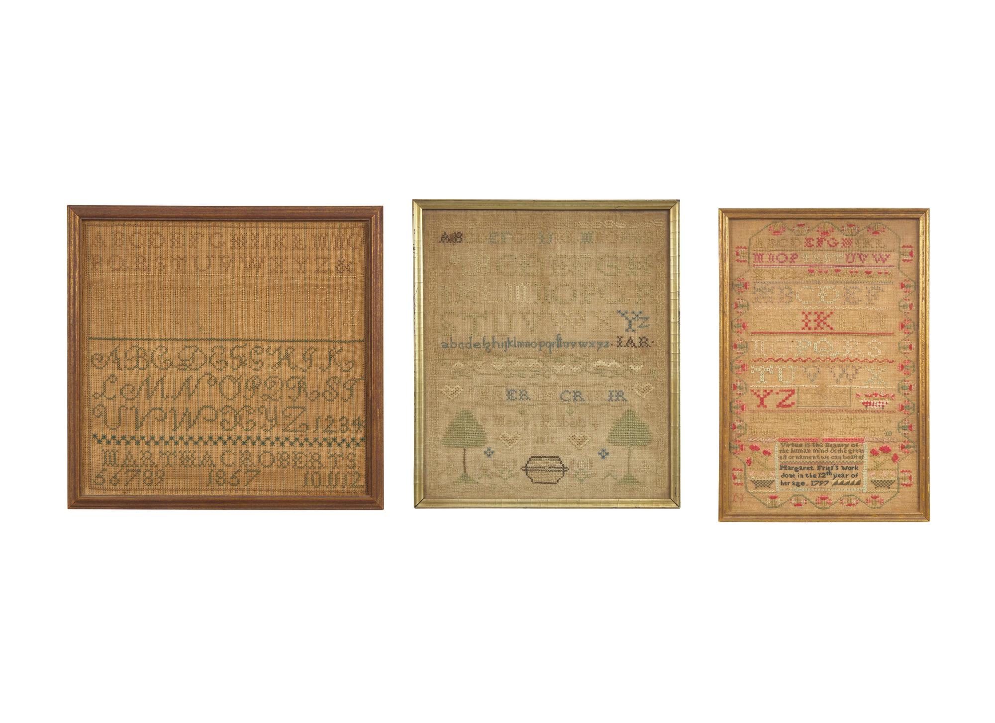 A Group of Three Needlework Samplers, Pennsylvania and New Jersey, 18th and 19th Century