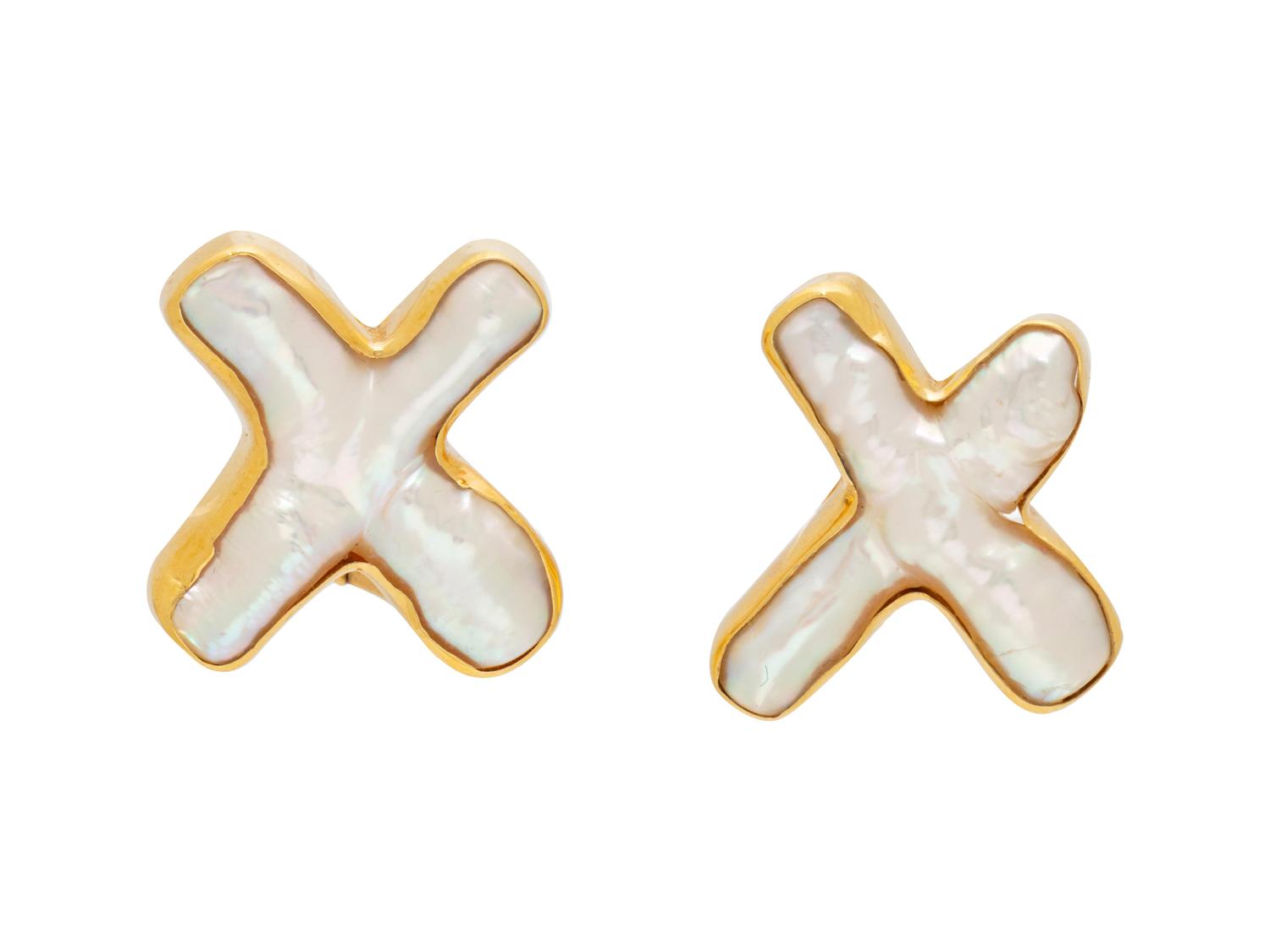 A Pair of 18 Karat Yellow Gold Cultured Biwa Pearl Earclips, Maz,