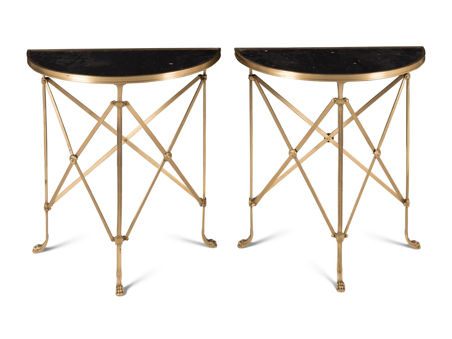 A Pair of Empire Style Gilt Bronze and Marble-Top Demilune Console Tables