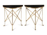 A Pair of Empire Style Gilt Bronze and Marble-Top Demilune Console Tables