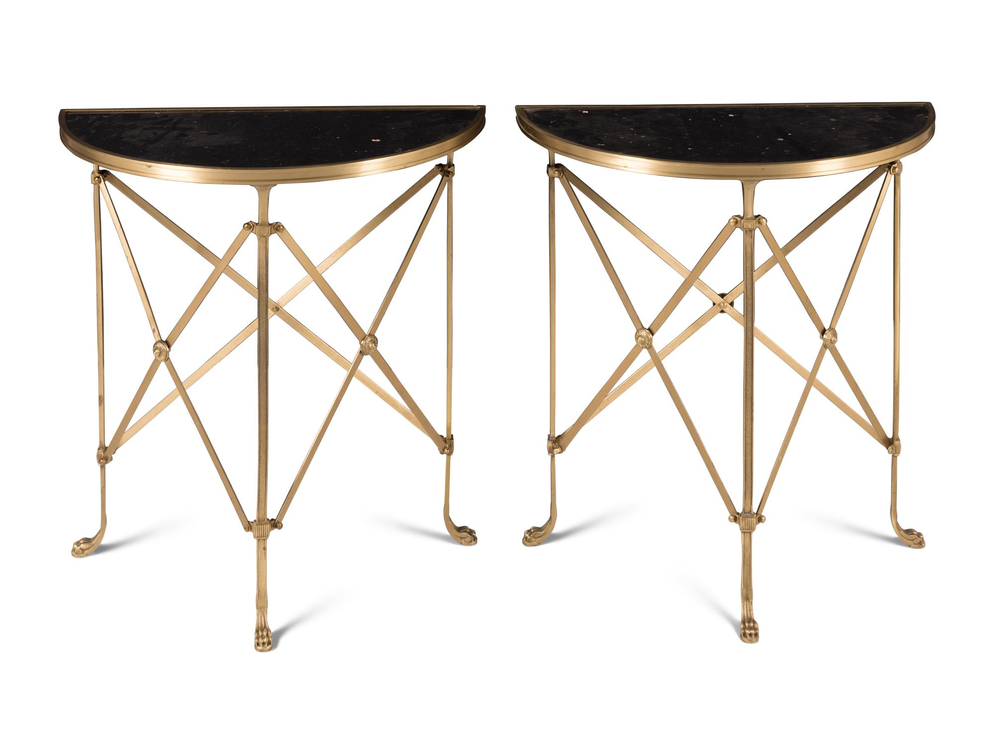 A Pair of Empire Style Gilt Bronze and Marble-Top Demilune Console Tables