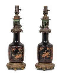 A Pair of French Gilt Bronze Mounted and Gilt Decorated Black Opaline Glass Oil Lamps