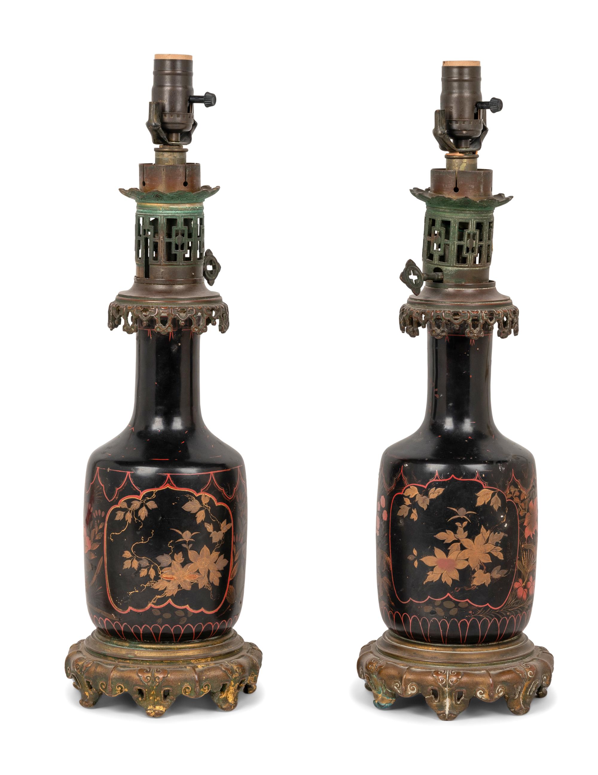 A Pair of French Gilt Bronze Mounted and Gilt Decorated Black Opaline Glass Oil Lamps