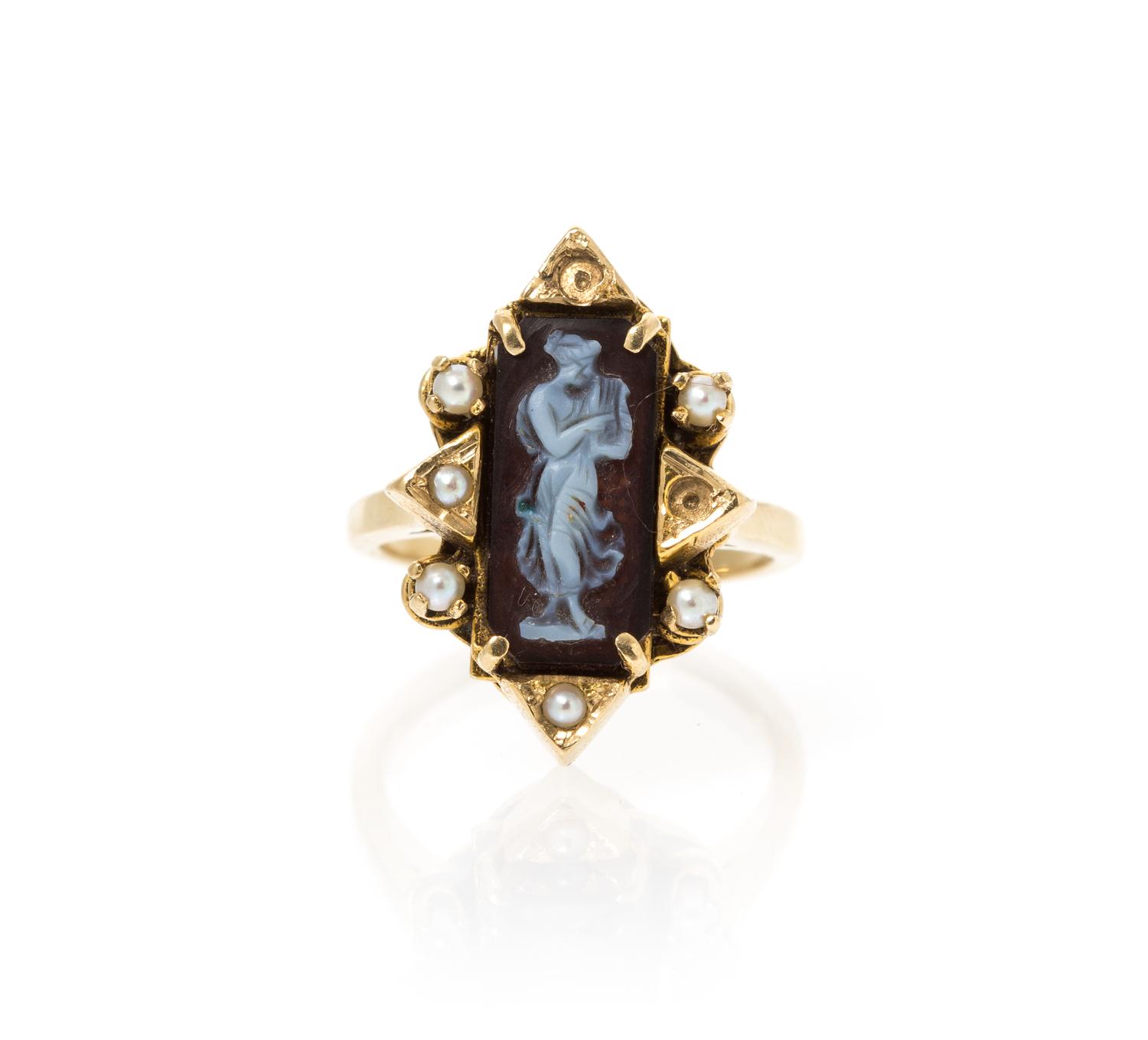 A Yellow Gold, Sardonyx Cameo and Seed Pearl Ring, 4.90 dwts.