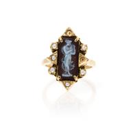 A Yellow Gold, Sardonyx Cameo and Seed Pearl Ring, 4.90 dwts.