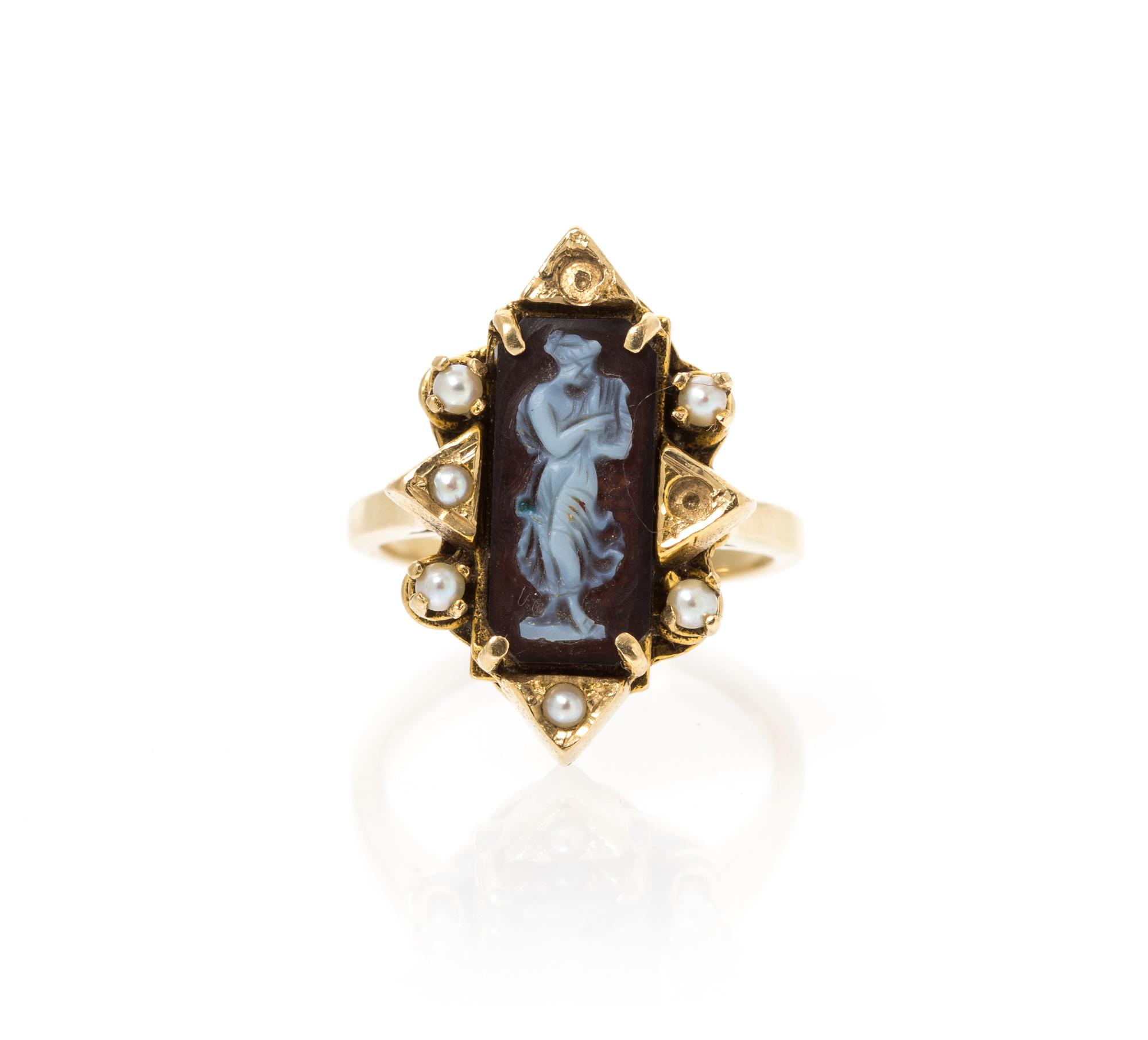 A Yellow Gold, Sardonyx Cameo and Seed Pearl Ring, 4.90 dwts.