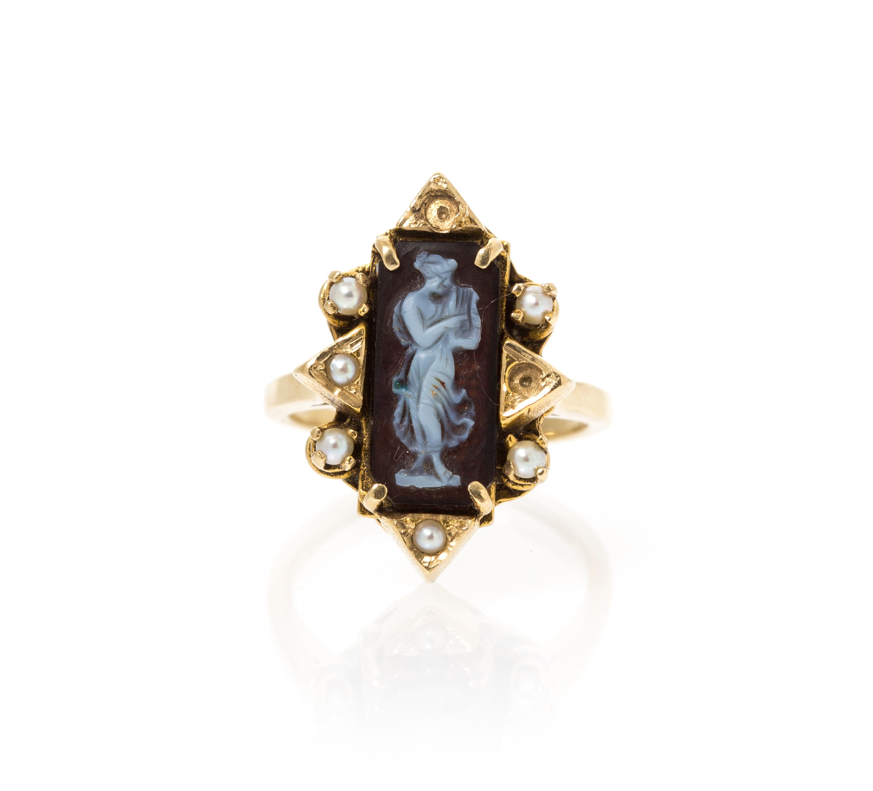 A Yellow Gold, Sardonyx Cameo and Seed Pearl Ring, 4.90 dwts.