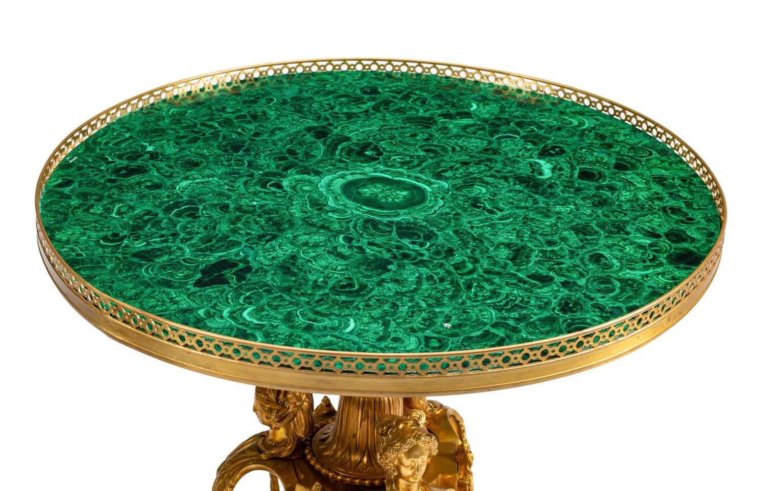 A Pair of Louis XVI Style Gilt Bronze and Malachite Tables