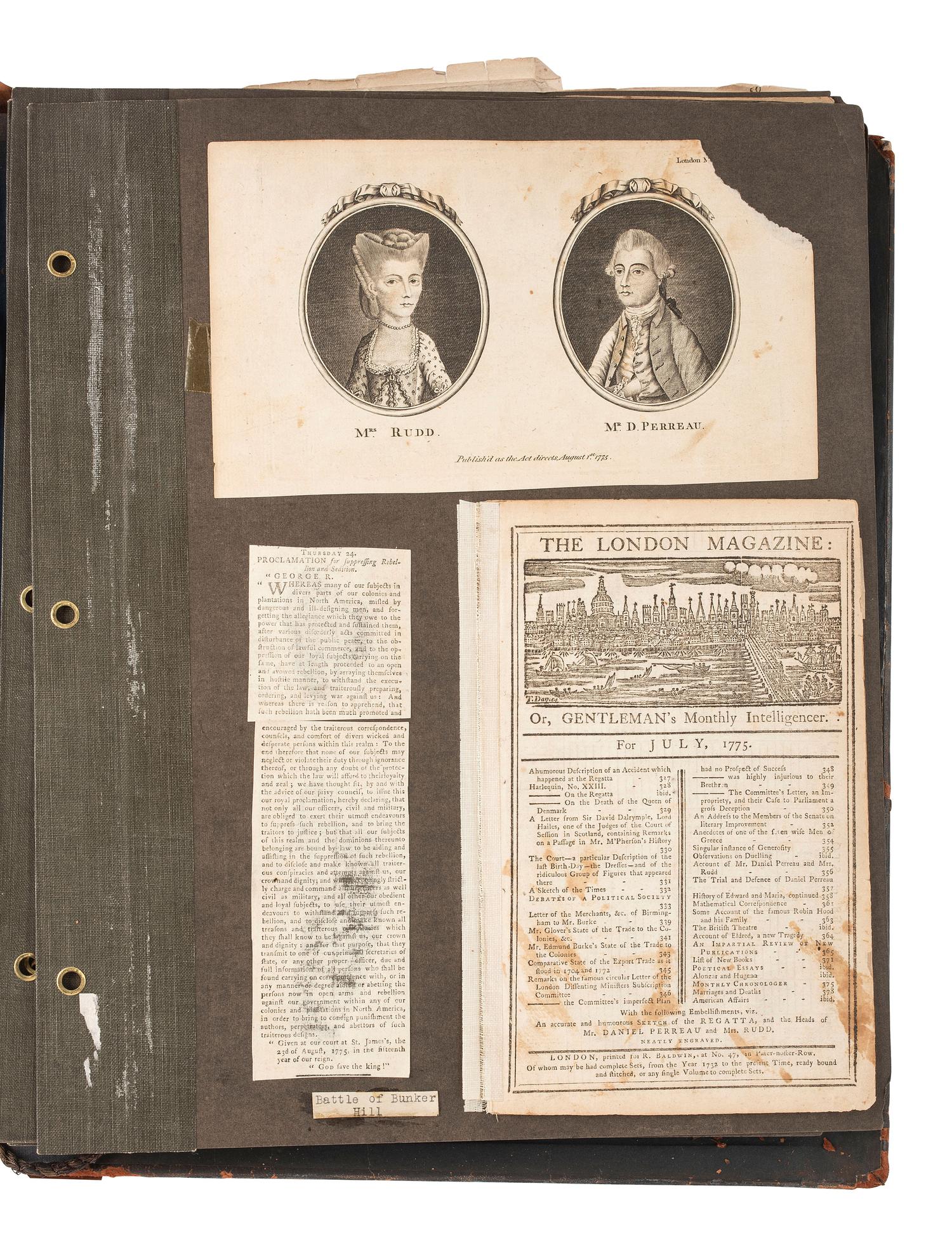 [AUTOGRAPHS]. Scrapbook containing autographs and ephemera, including scarce Revolutionary War-era imprints.