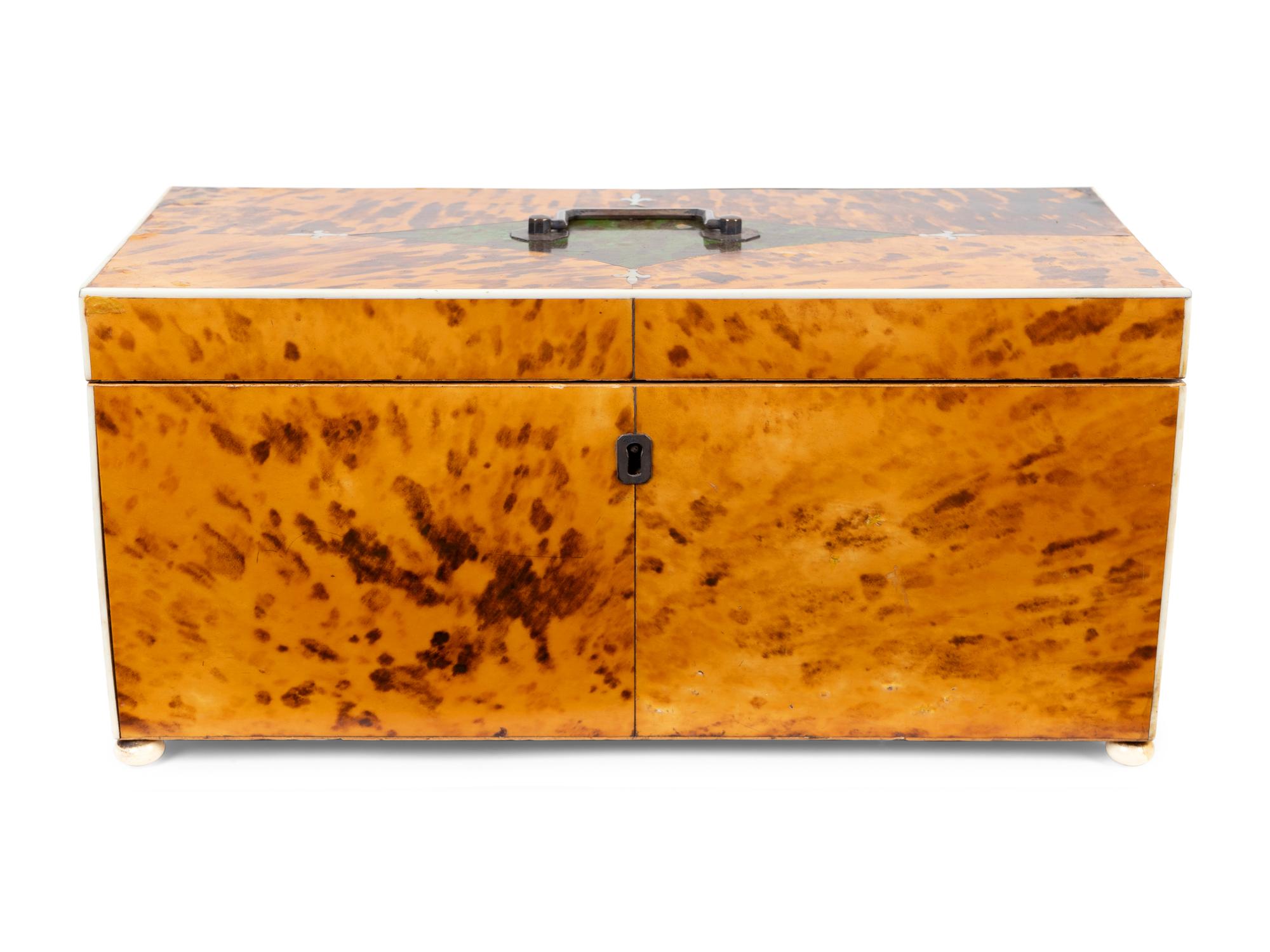 A George III Tortoiseshell and Green-Stained Tortoiseshell Inlay Tea Caddy — LATE 18TH CENTURY