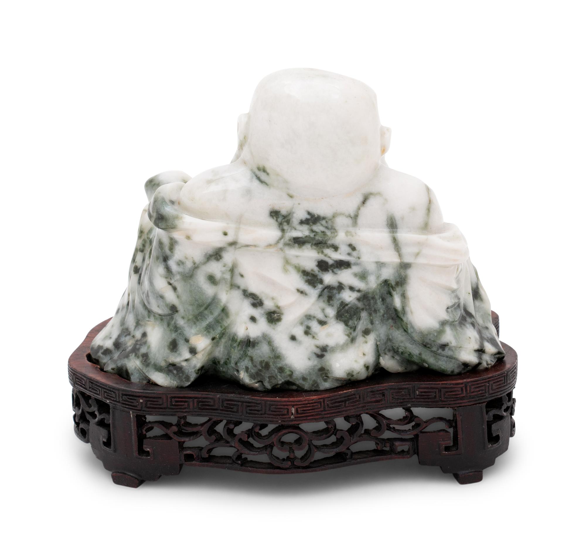 A Chinese Green and White Hardstone Figure of Laughing Buddha