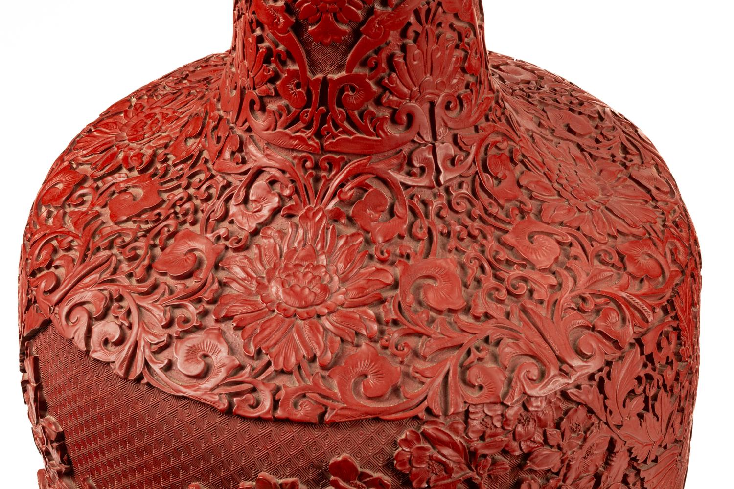 A Pair of Large Chinese Carved Red Lacquer Vases