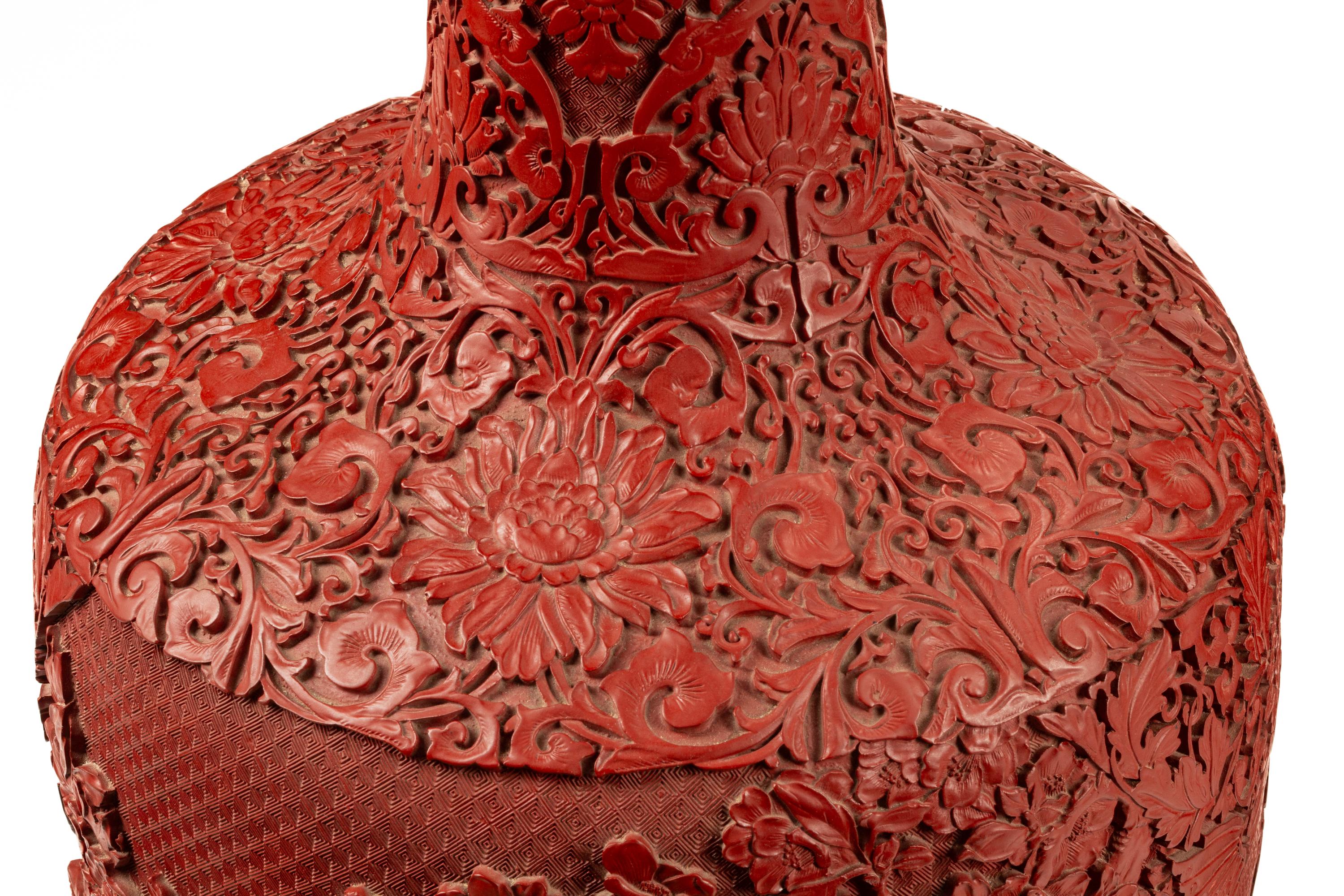 A Pair of Large Chinese Carved Red Lacquer Vases